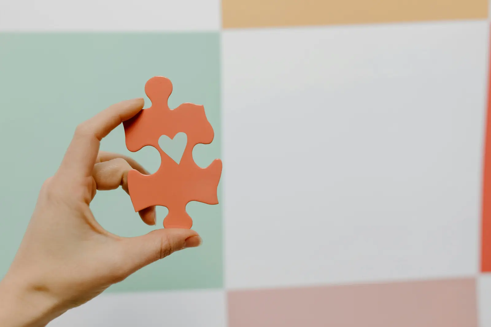 Picture of a hand holding a piece of the missing puzzle, the piece has a heart on it suggesting acceptance and understanding.