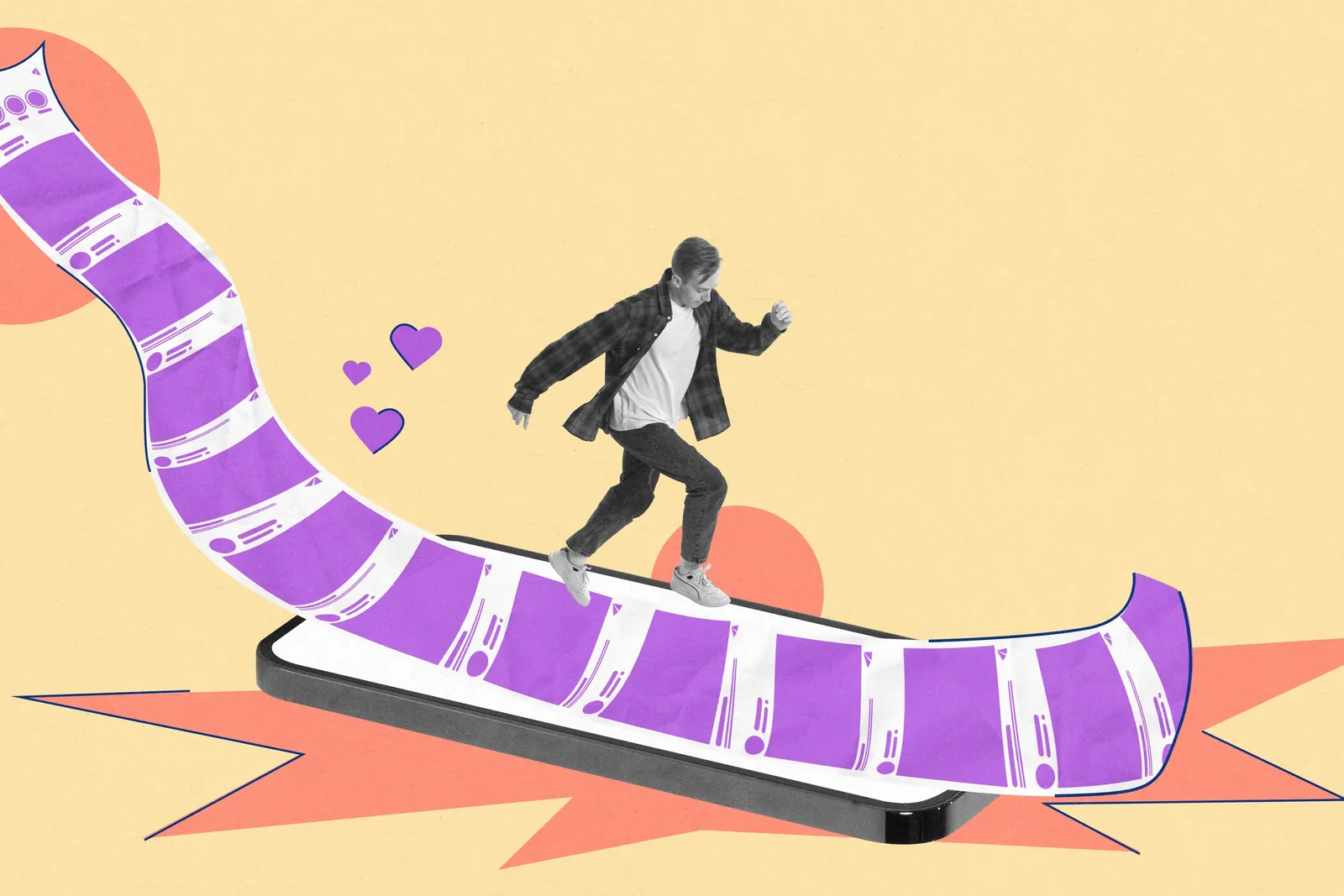 Animation and picture of a man running over a huge mobile phone suggesting endless scroooling also known as doom scrolling.