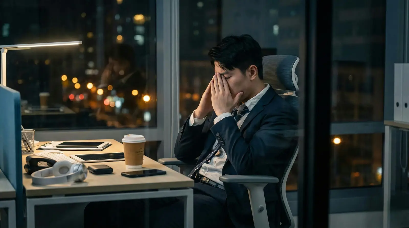 picture of a young man executive staying late at work and being stressed.