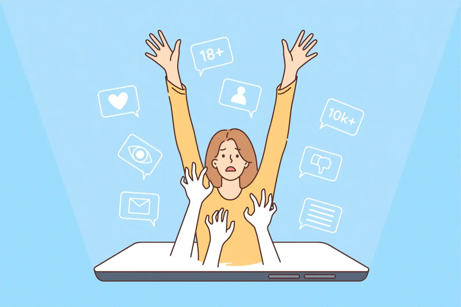 infographic of a woman held and controlled by the social media algorithms.