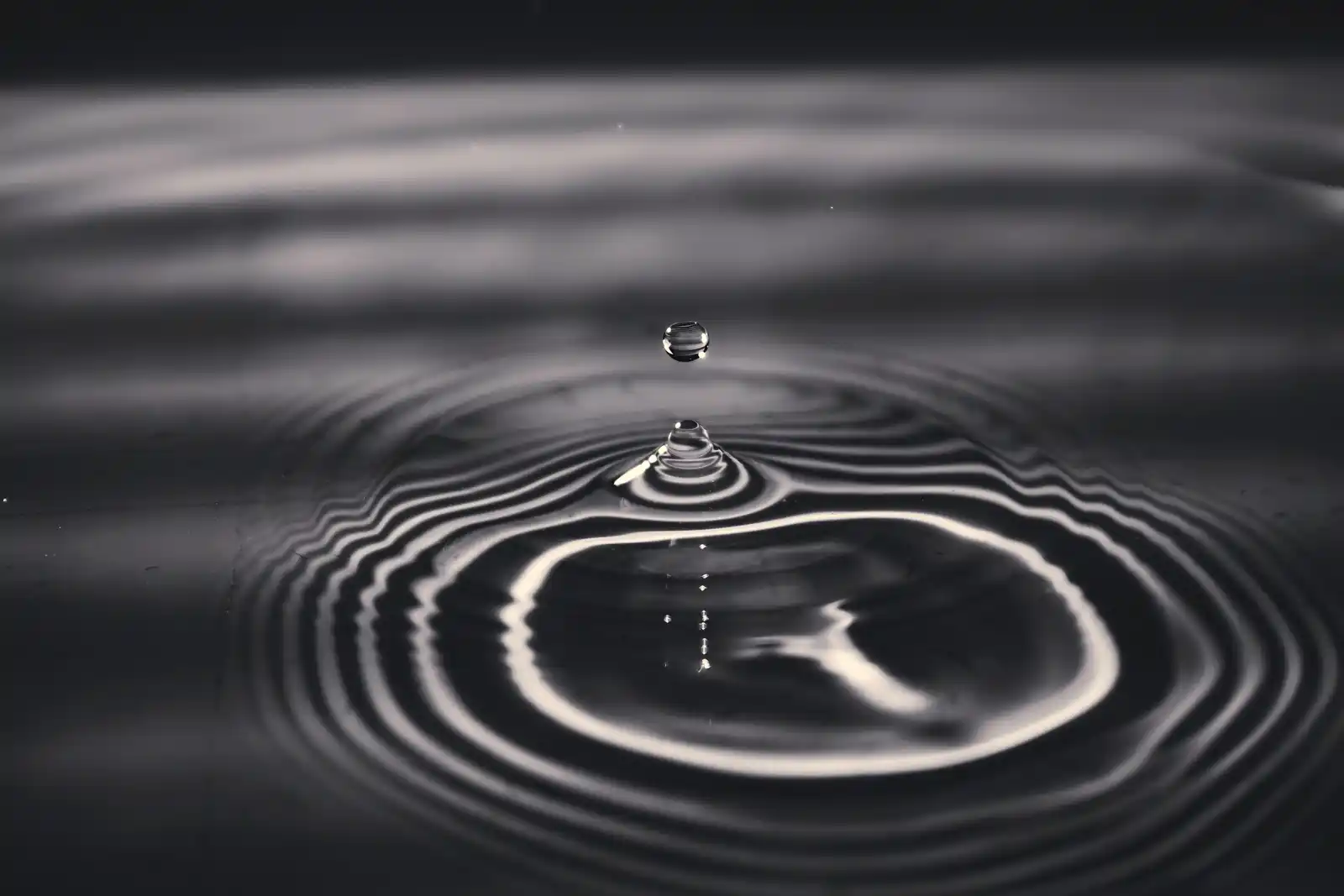 High-contrast macro photograph of a single water droplet creating concentric ripples on a calm surface, symbolizing somatic grounding and emotional regulation.