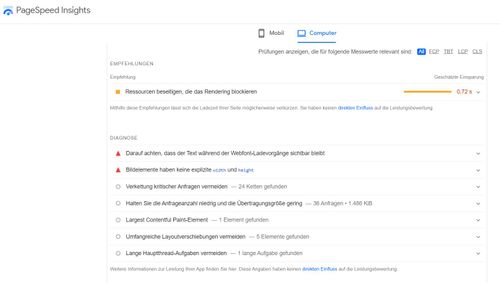 PageSpeed Insights Empfehlungen Palmlytics