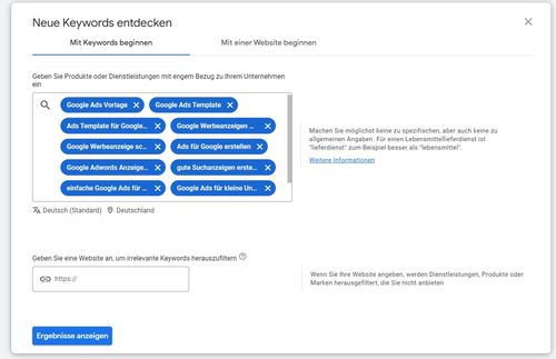 Keywords in Google Keyword Planer eintragen