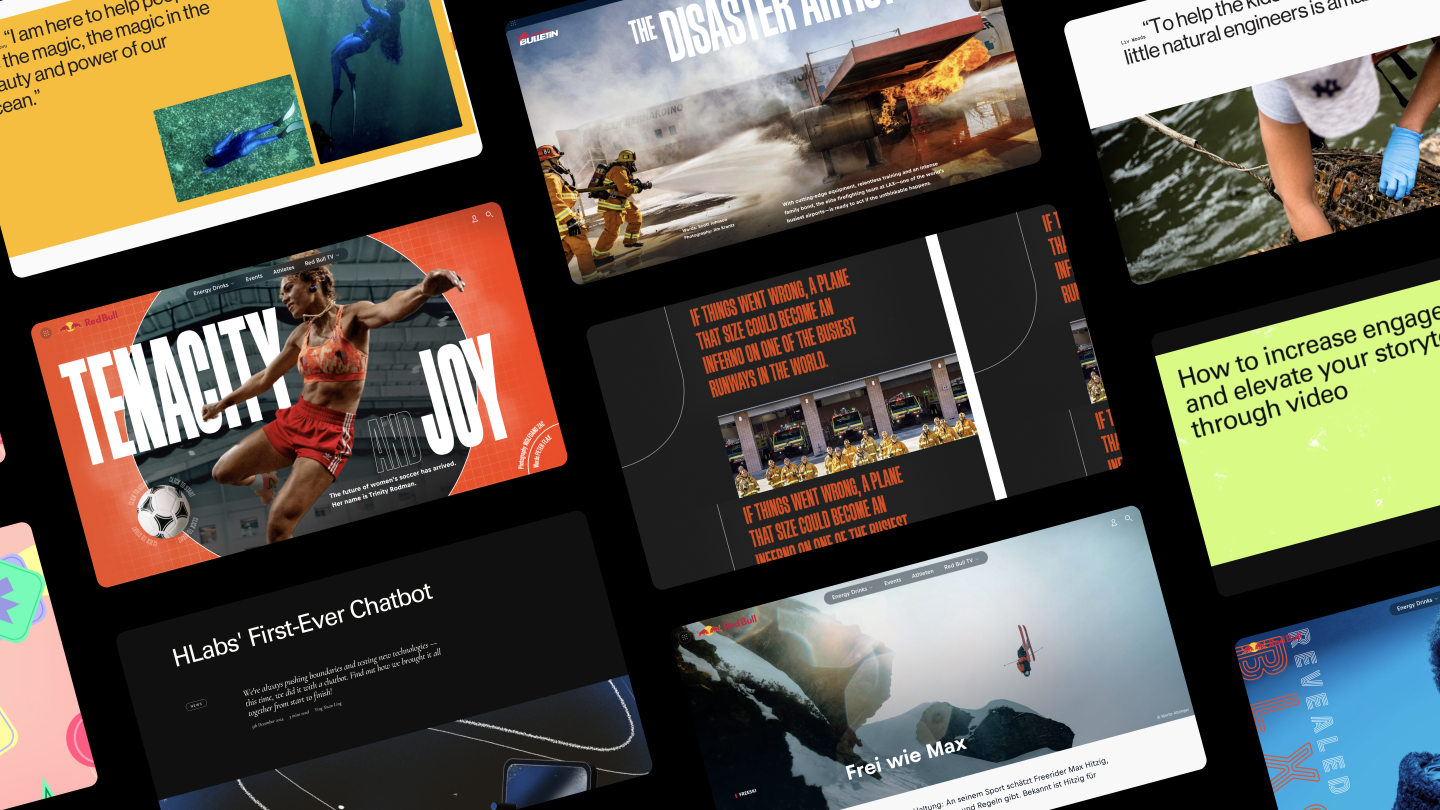Long-form editorial content examples from Red Bull, 11th Hour Racing, and Quanta Magazine showcasing in-depth storytelling