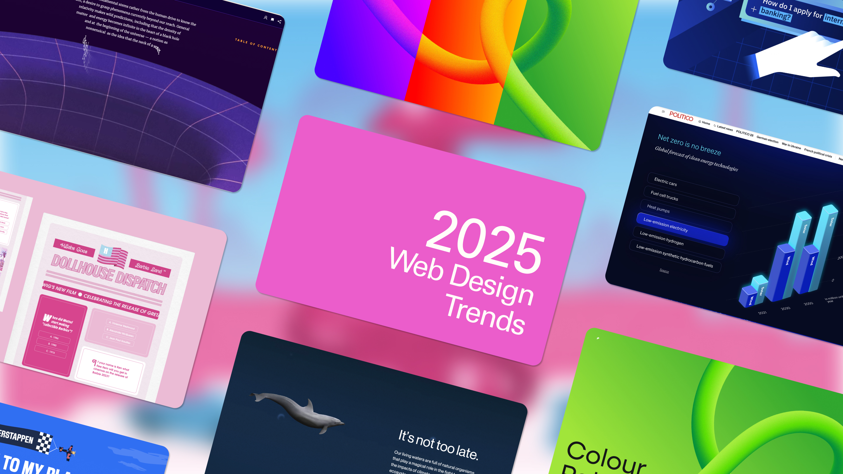 2025 web design trends featuring animated scrolls, glowing effects, 3D elements, and gamification examples