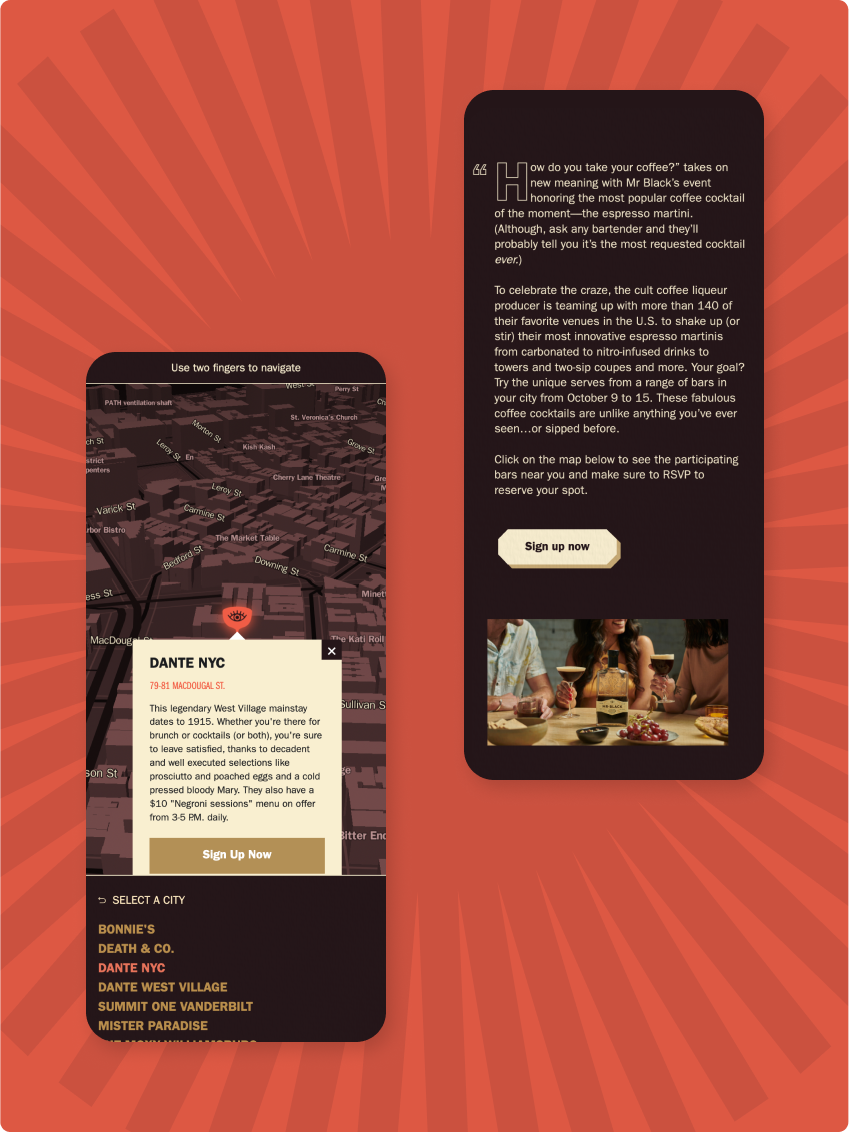 Mobile responsive design of TimeOut Mr Black map with smooth scrolling and location details