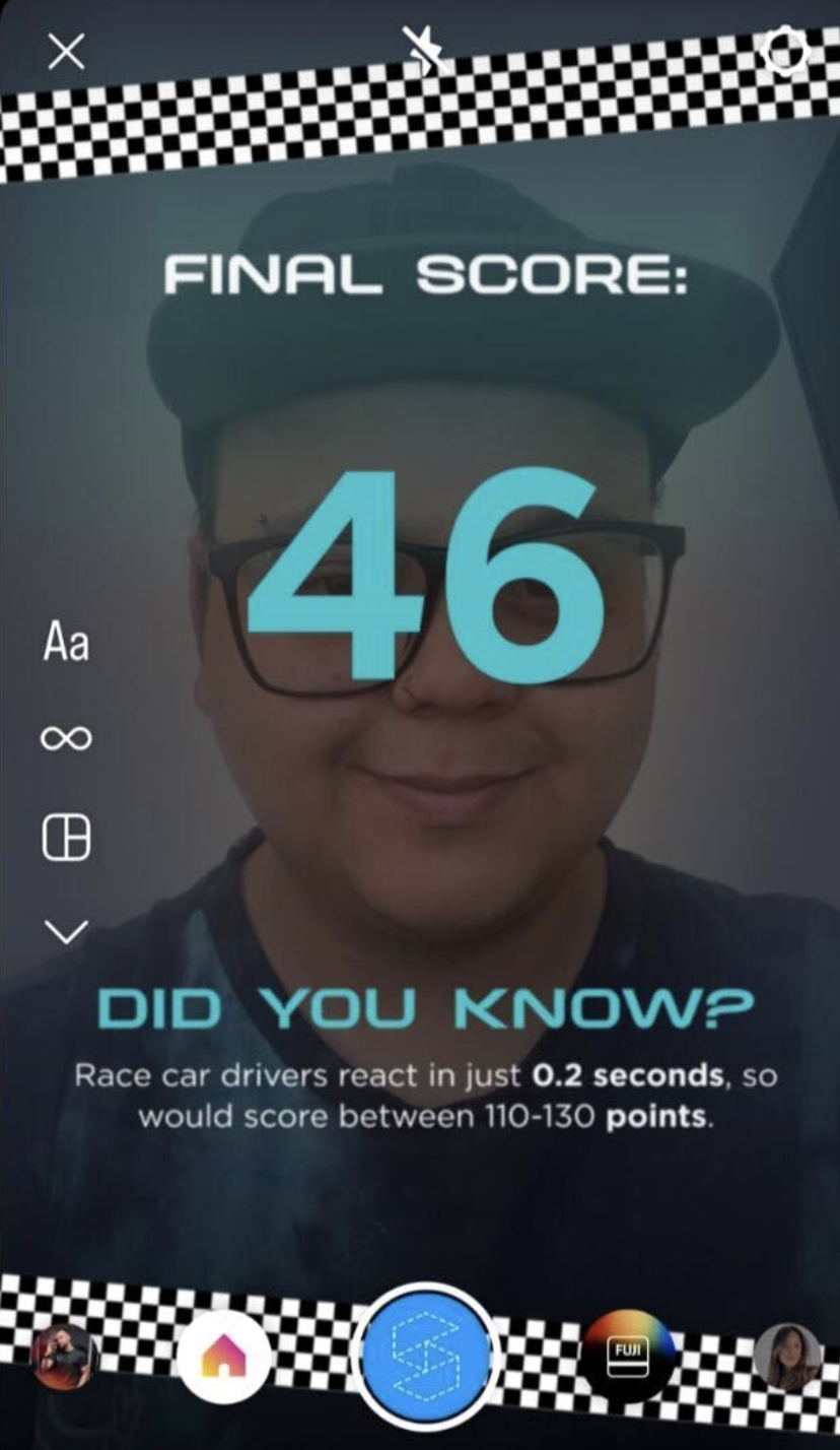 Results screen from Instagram TikTok reaction game