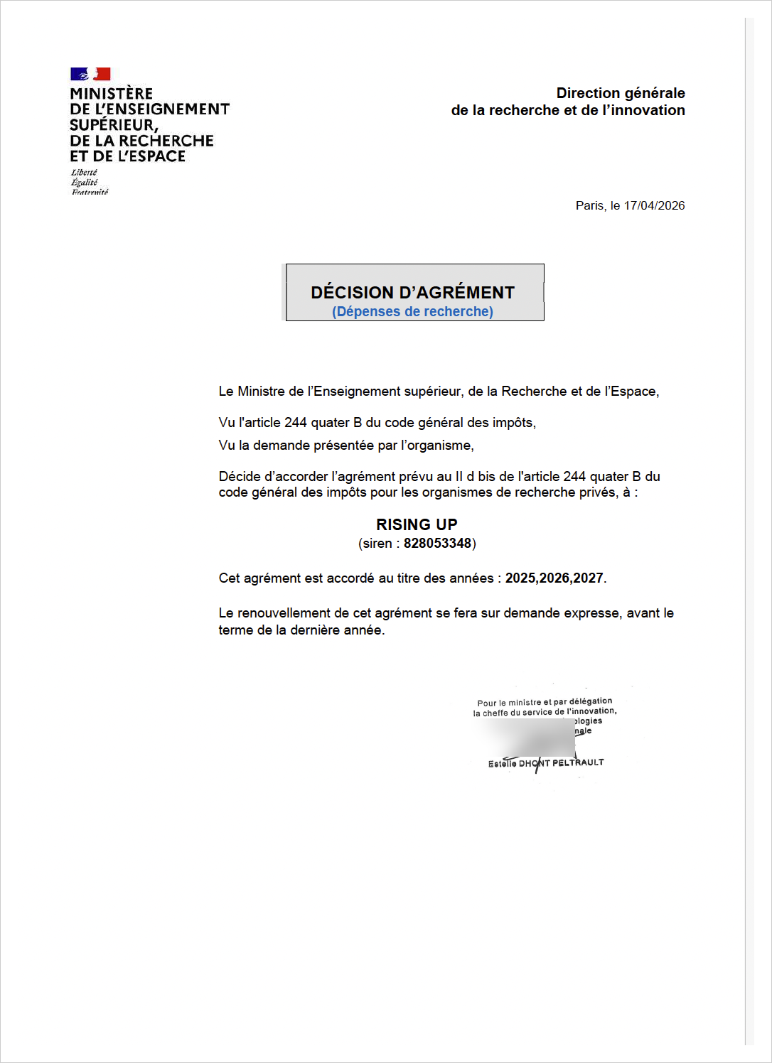 Official CIR approval decision granting Rising Up the Research Tax Credit status for 2025, 2026 and 2027, issued by the French Ministry of Higher Education, Research and Space