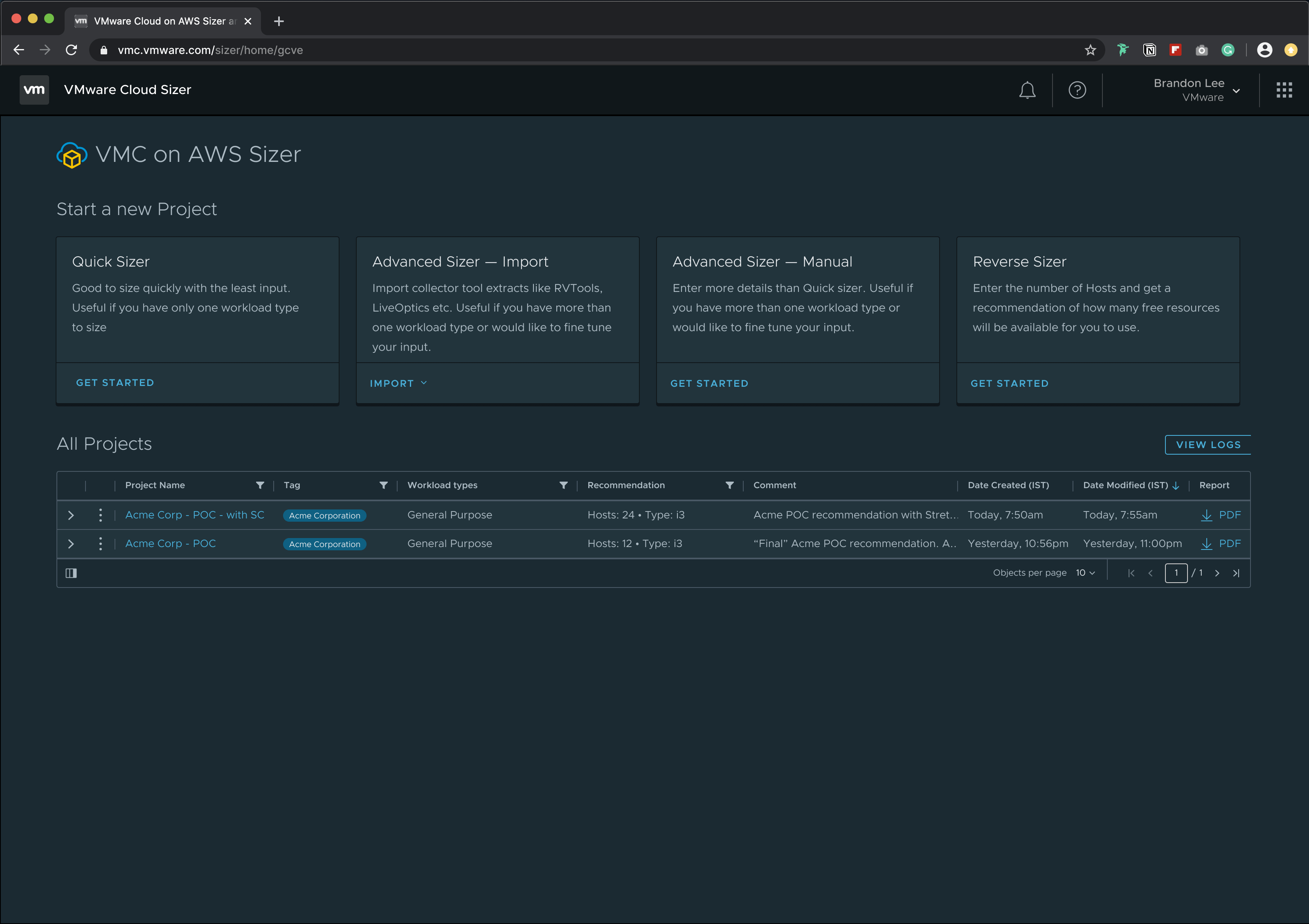 A webpage showing the home page of VMC on AWS Sizer