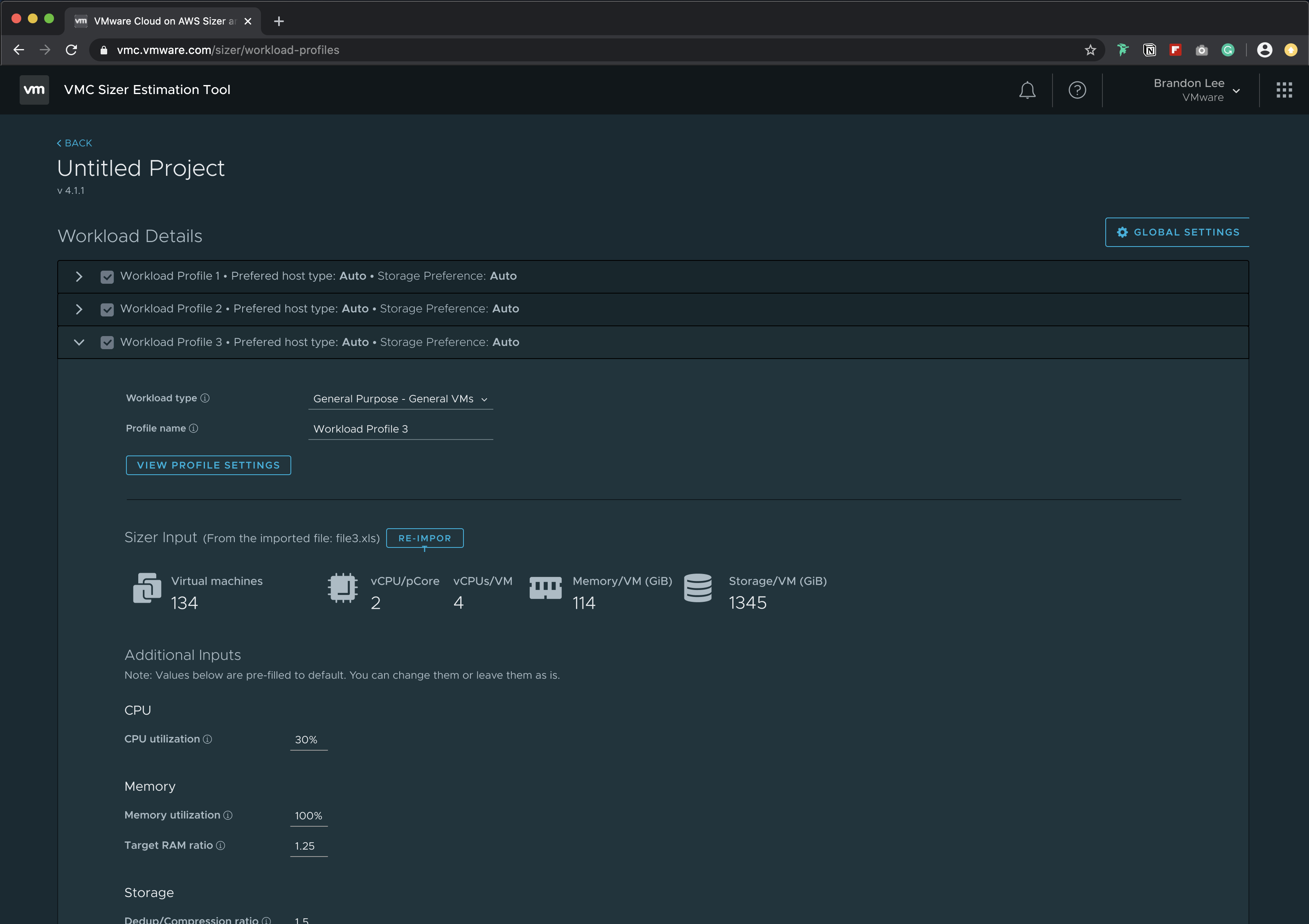 A webpage showing the project page of VMware Cloud Sizer