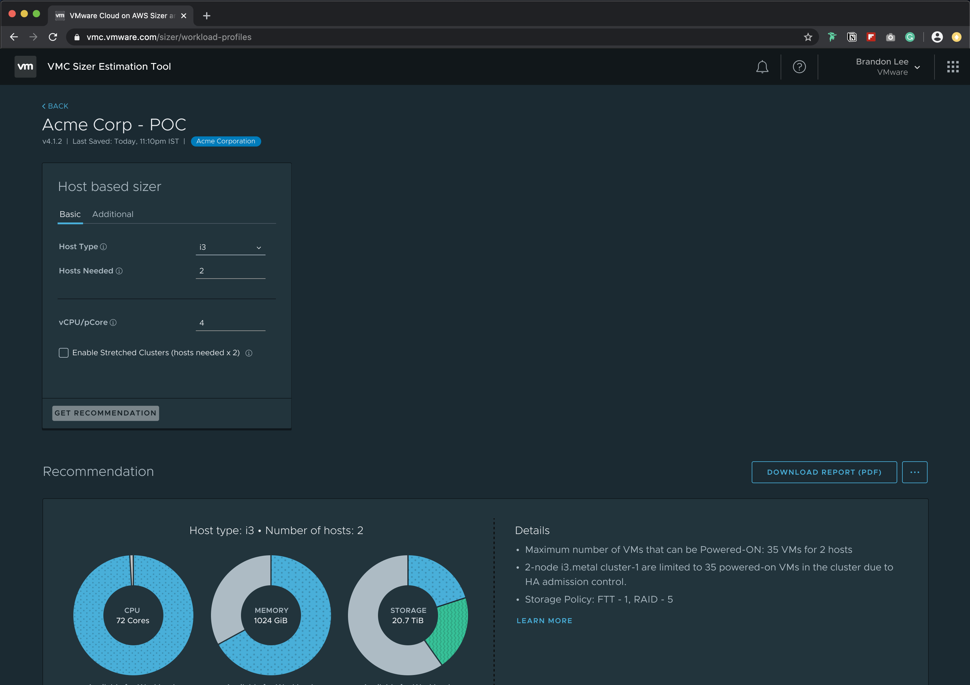A webpage showing the VMware Cloud Sizer's Reverse/host based Sizer