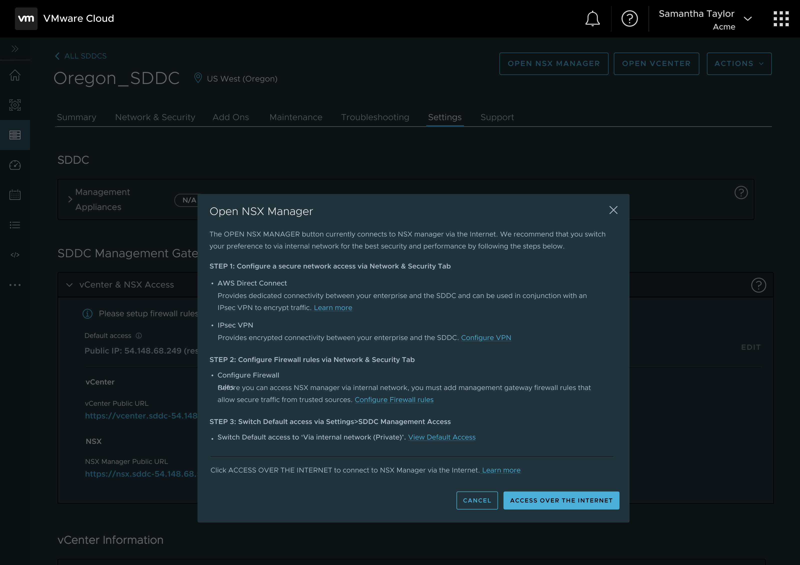 A webpage showing VMware Cloud console. with a Modal pop-up asking users to select the connection type