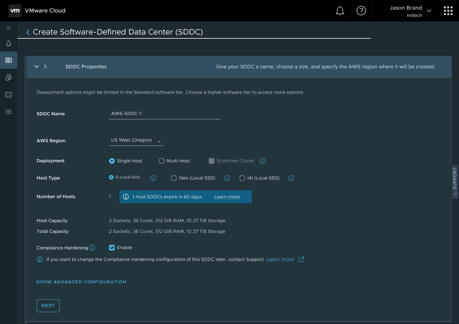A webpage showing VMware Cloud console. the flow is User creating a new SDDC and selecting the type of compliance they need