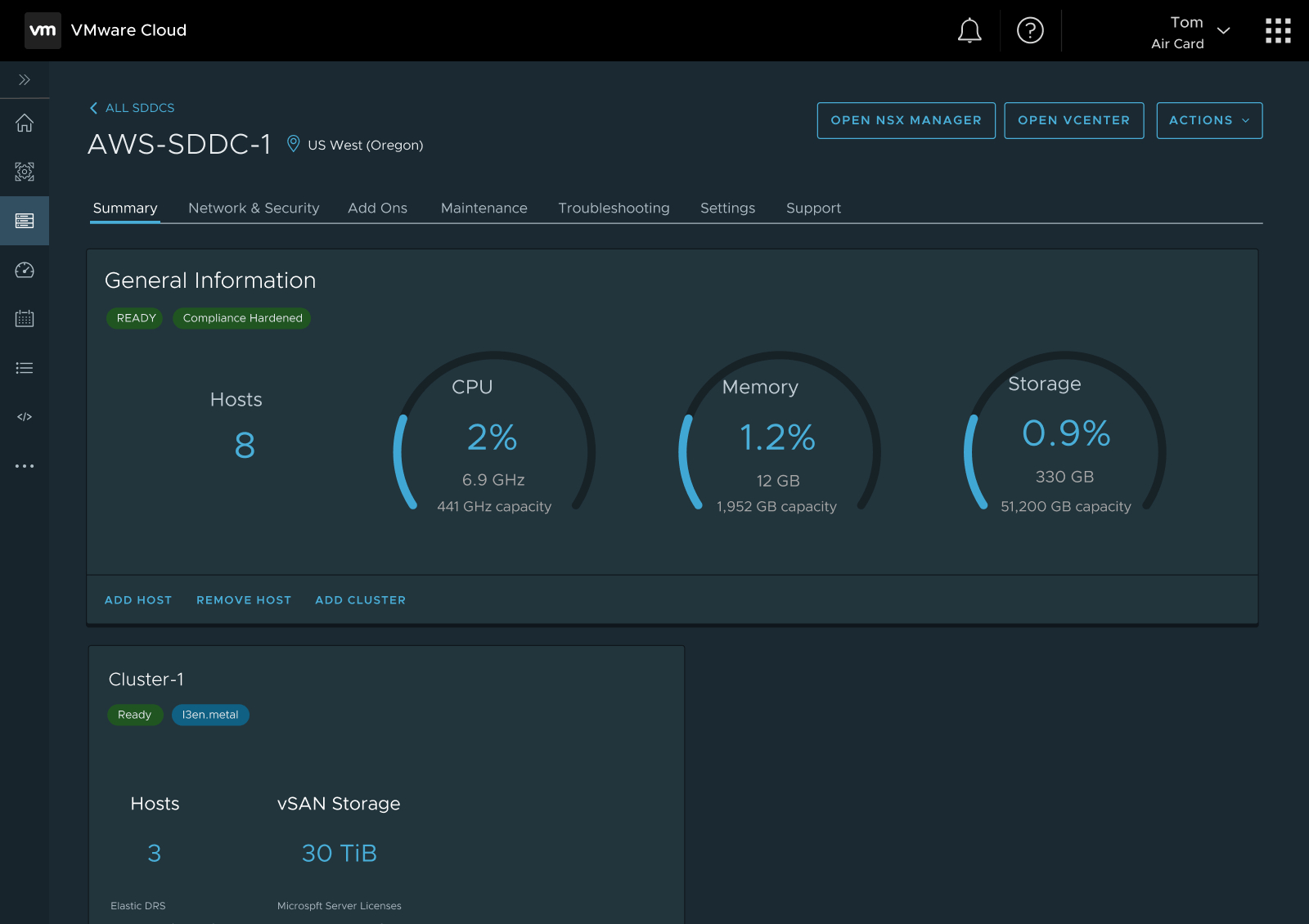 A webpage showing VMware Cloud console. with the pill on the SDDC with Compliance enabled