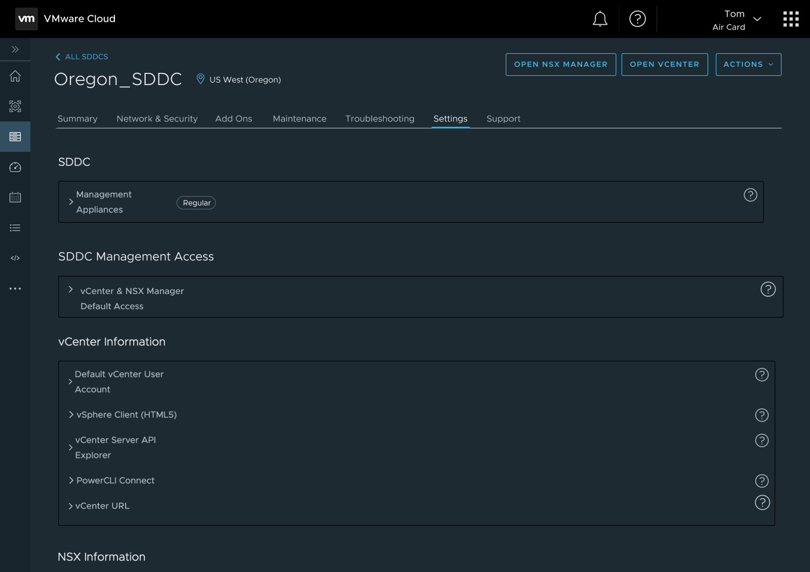 A webpage showing VMware Cloud console. Settings tab is open and scrolled down to the Compliance section