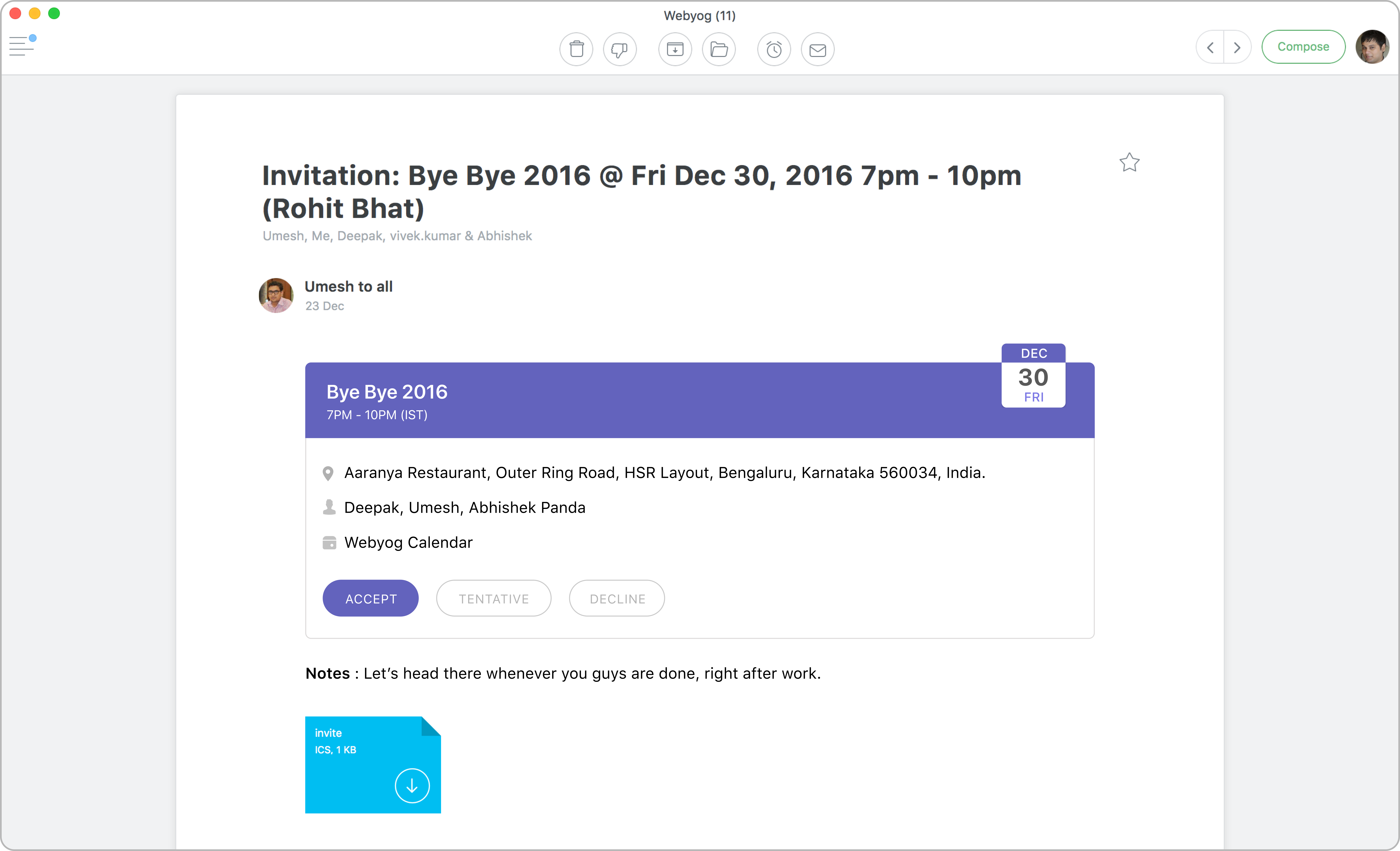 A screenshot from Newton Mail Mac app, where an event email is opened.