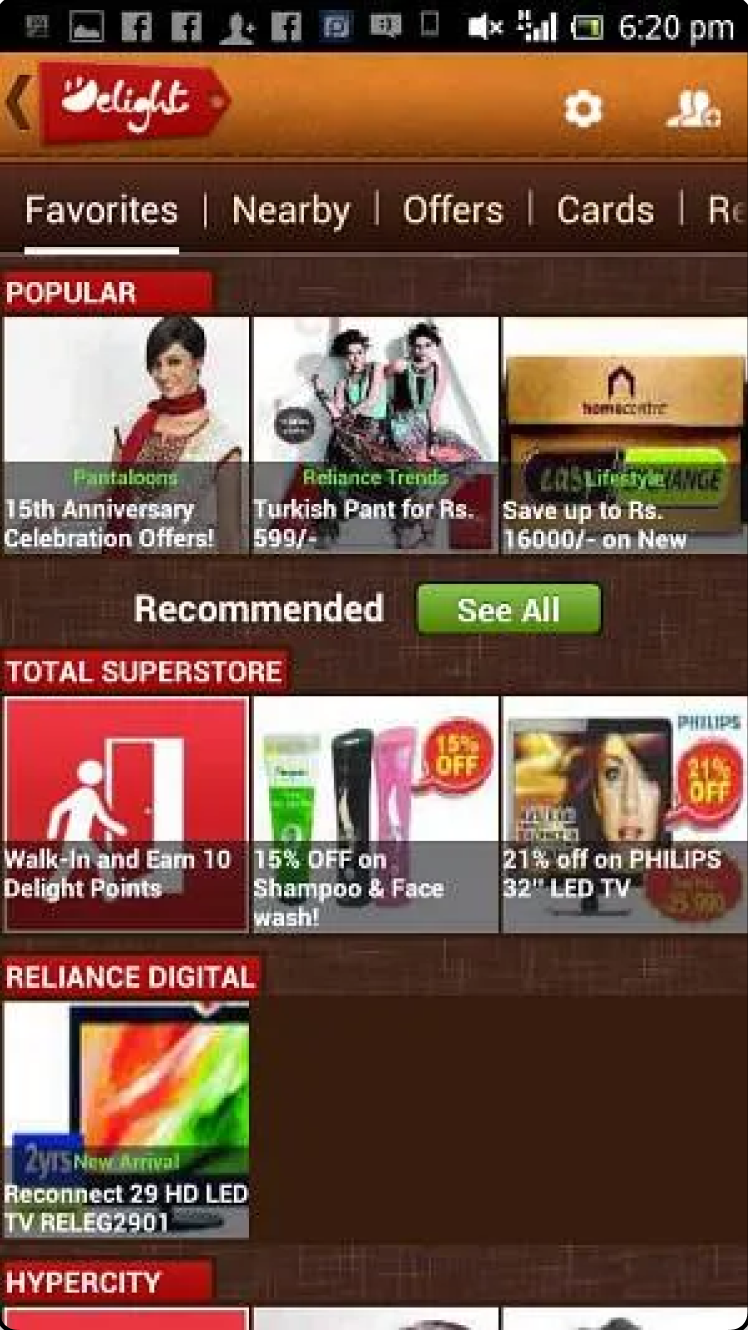 A screenshot of DelightCircle app, where all the offers are listed down on the favourite page.