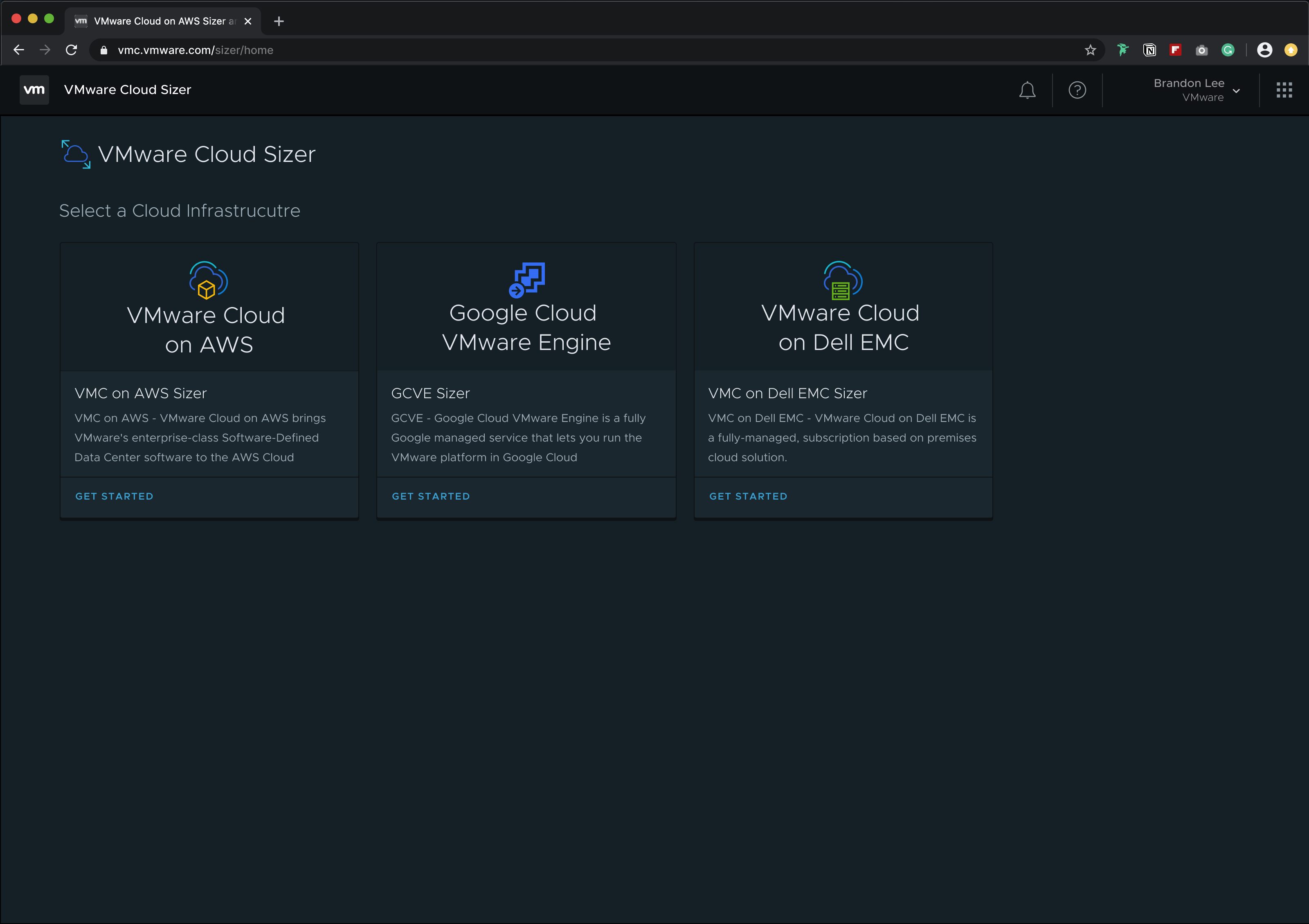 VMware Cloud Sizer Home page