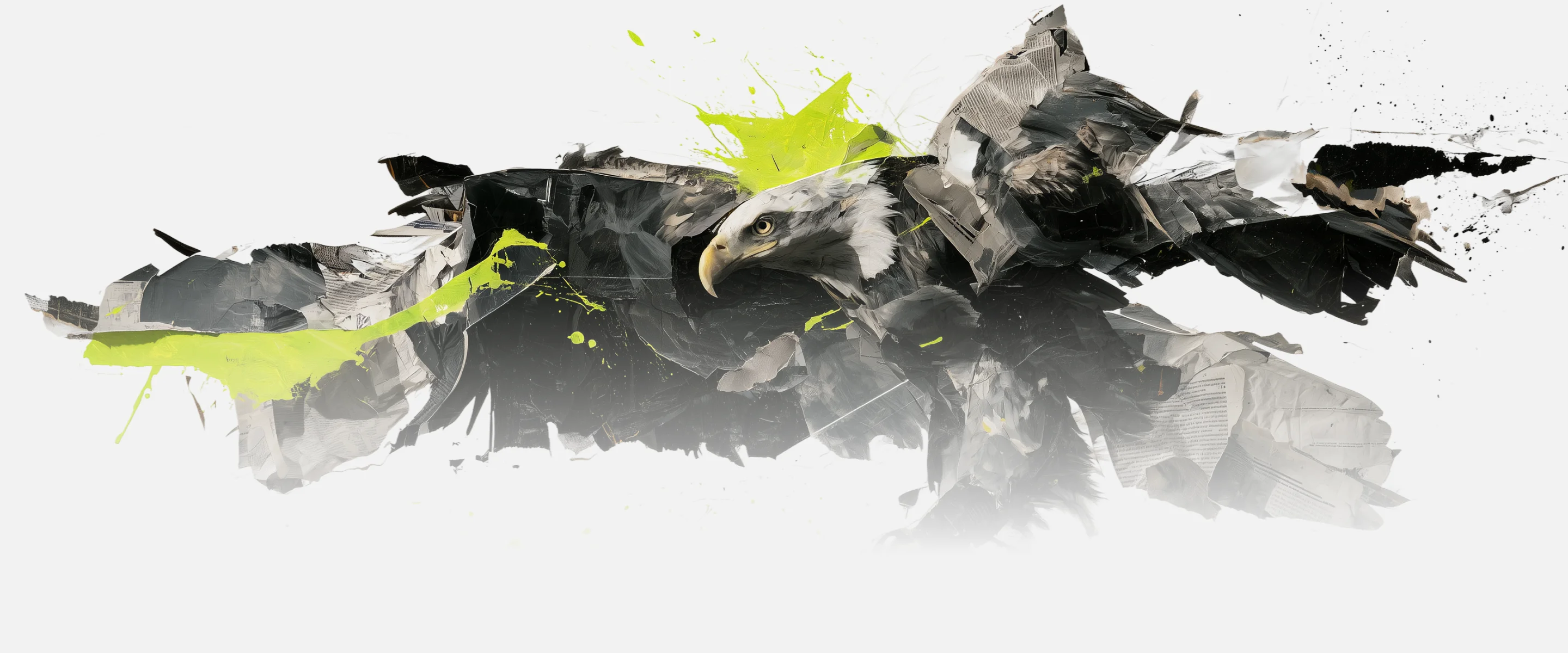 Eagle assembled from torn newspaper fragments with a lime paint splash