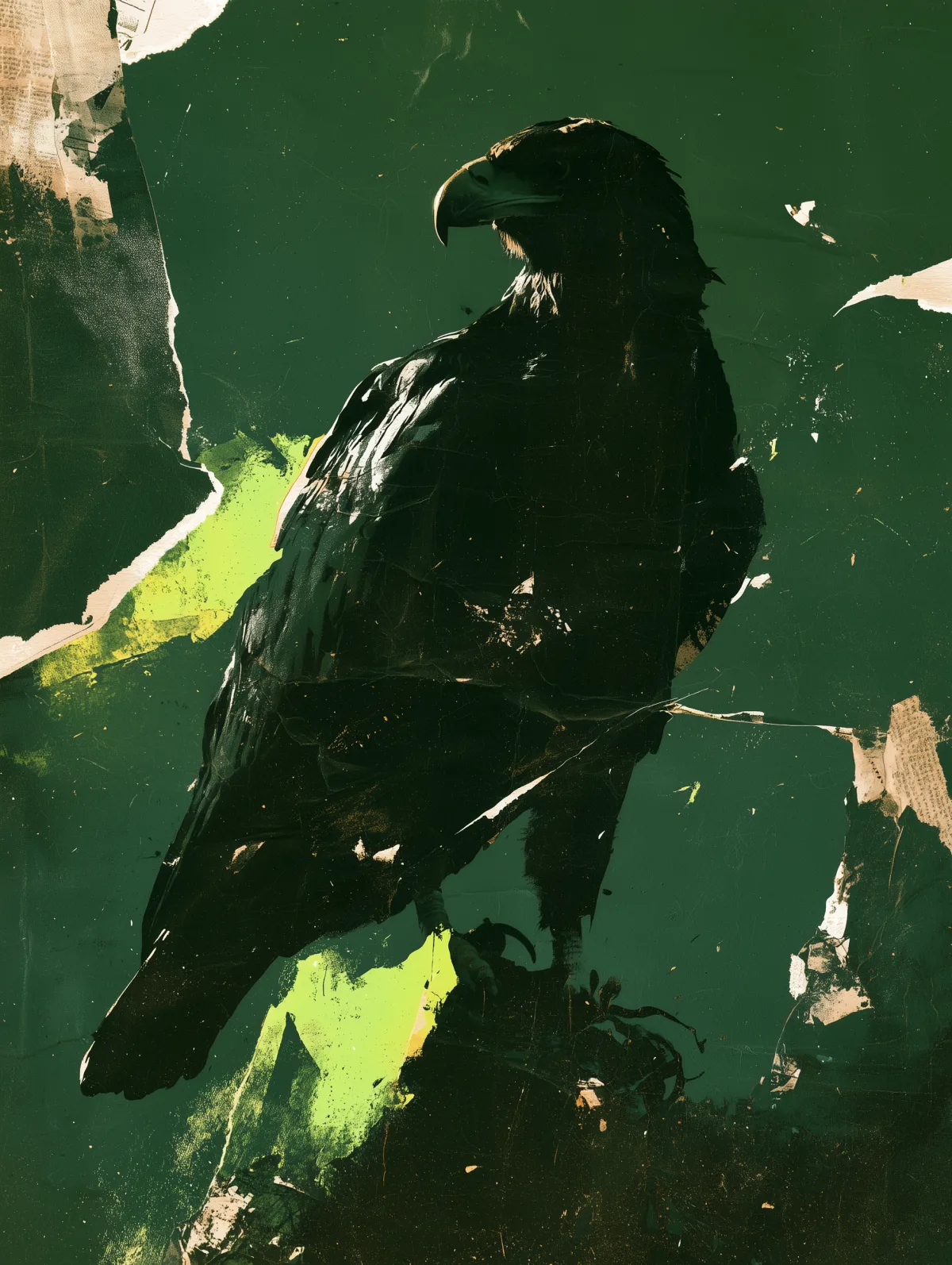Eagle perched against a green collage background