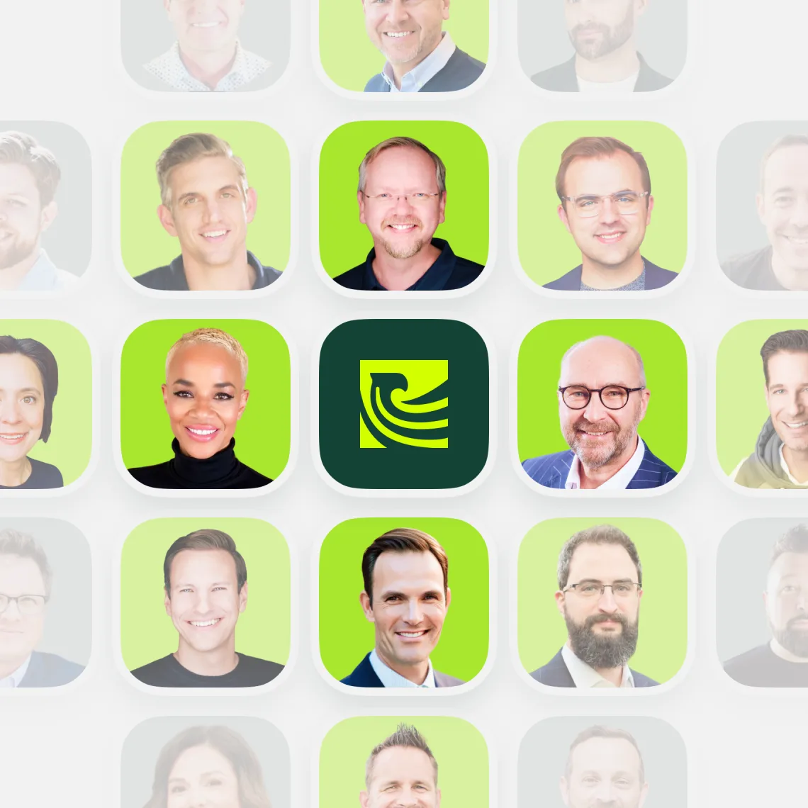 Grid of Eagle team and founder portraits around the Eagle logo
