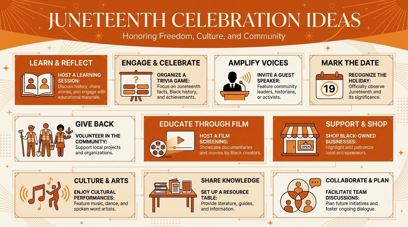 Graphic featuring Juneteenth celebration ideas, including learning sessions, trivia games, guest speakers, volunteering, film screenings, cultural performances, and supporting Black-owned businesses.