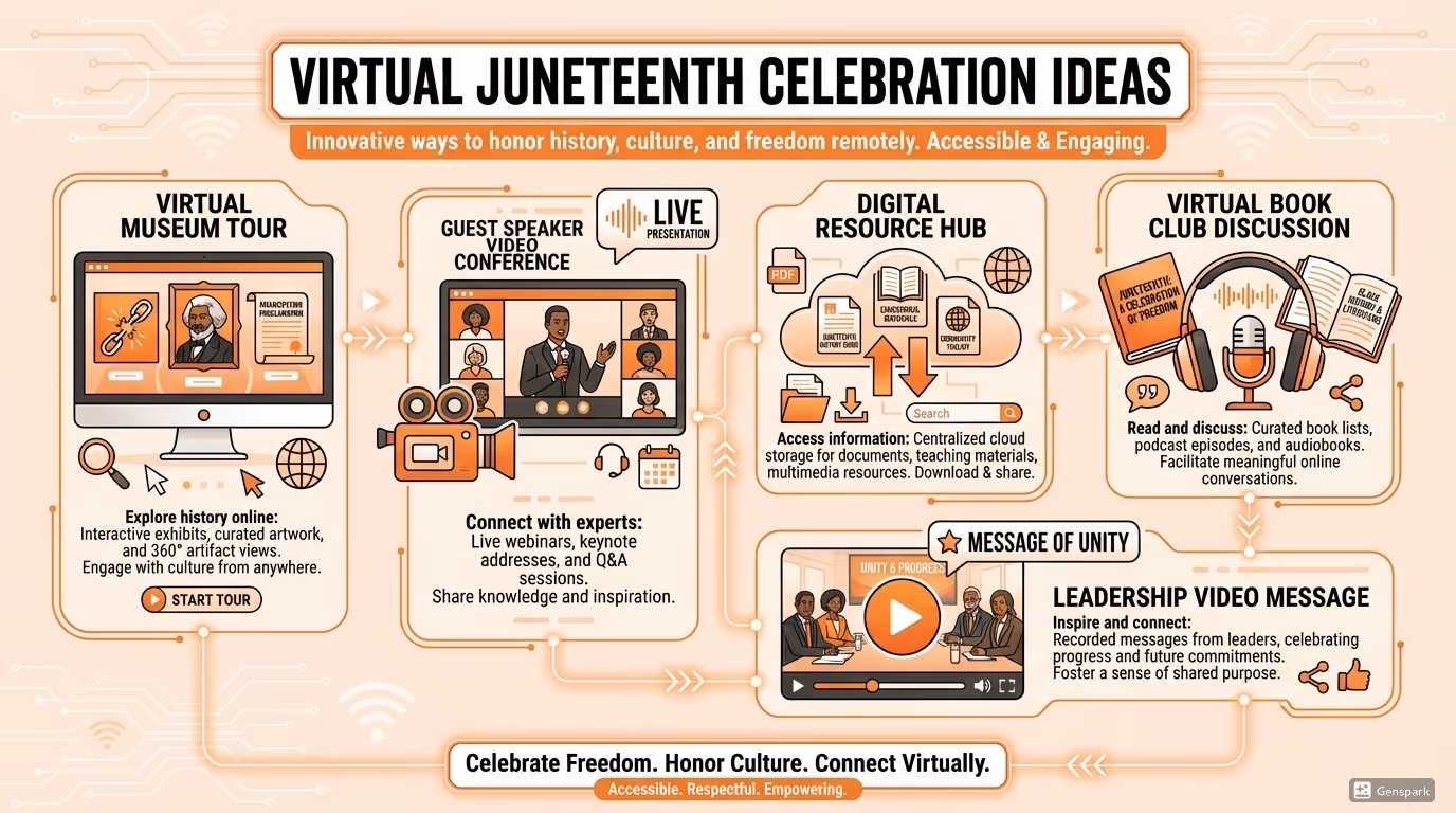 Graphic showcasing virtual Juneteenth celebration ideas: museum tours, guest speakers, digital resource hubs, book clubs, and leadership videos.