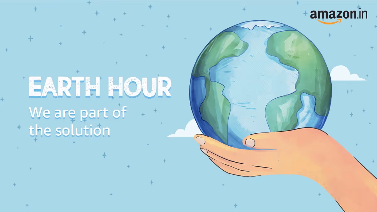 Amazon Earth Hour campaign showing a hand holding a globe with a message on sustainability and climate action
