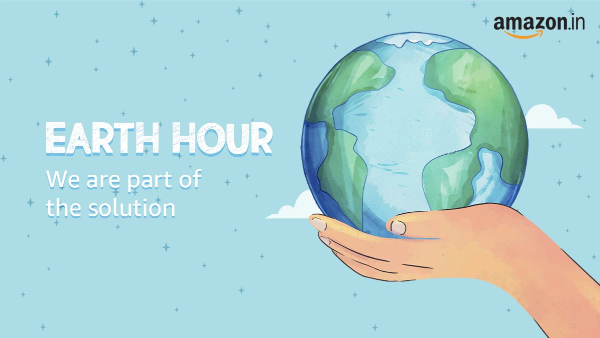 Amazon Earth Hour campaign showing a hand holding a globe with a message on sustainability and climate action