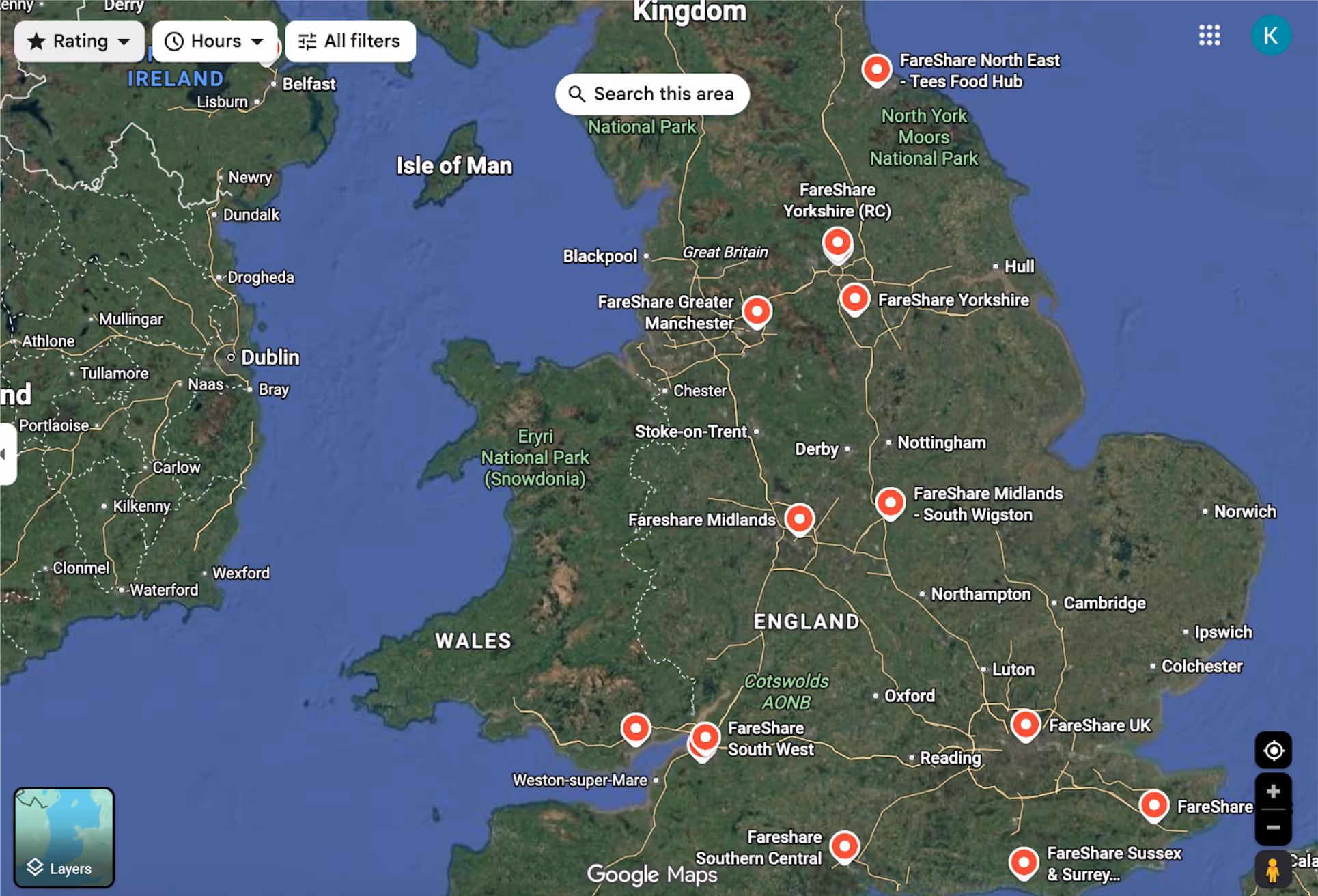 UK map showing various FareShare Food bank locations