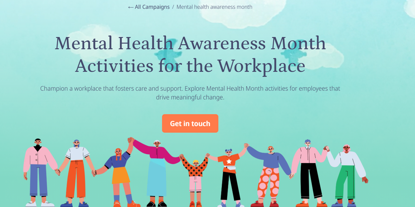 Banner highlighting mental health awareness month activities for the workplace with diverse people holding hands to represent support and inclusion