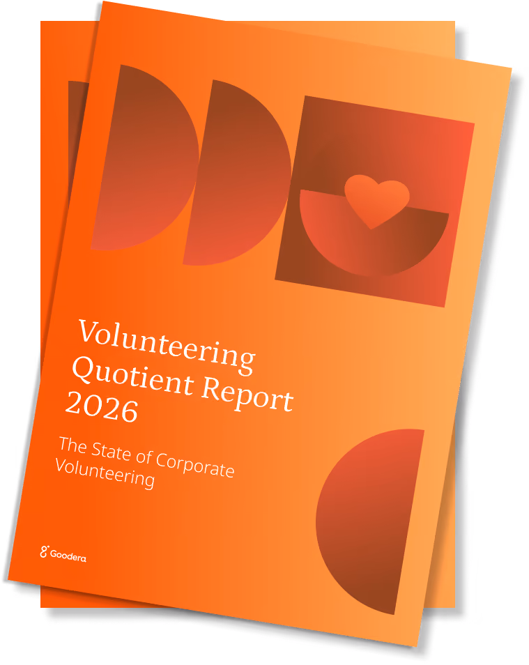 Two reports titled 'India Corporate Volunteering Quotient' in orange and 'Global Corporate Volunteering Quotient' in black with raised hand illustrations.