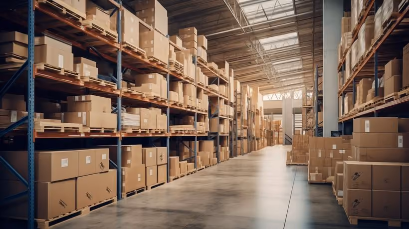 Racks of stocked pallets in a Goodera fulfilment warehouse
