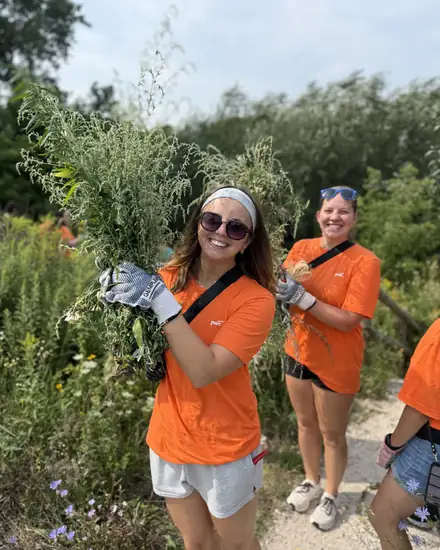 Volunteers clearing overgrowth from a garden path
