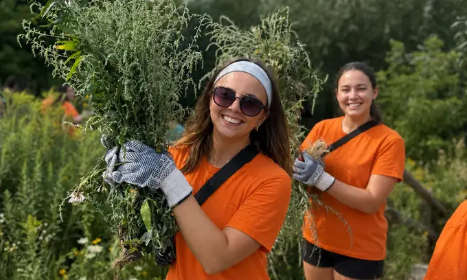 Volunteers planting raised beds in a community garden