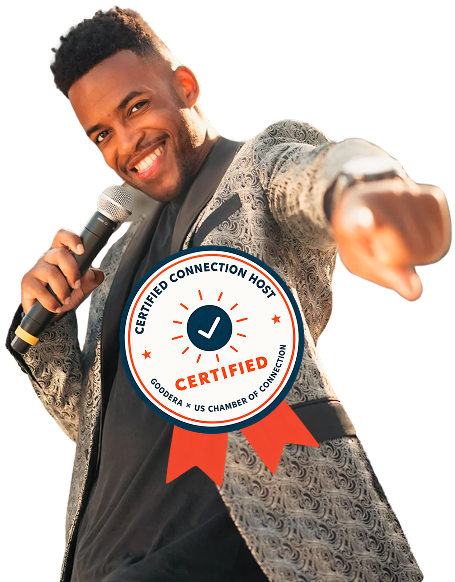 A Certified Connection Host holding a microphone with a Certified Connection Host badge