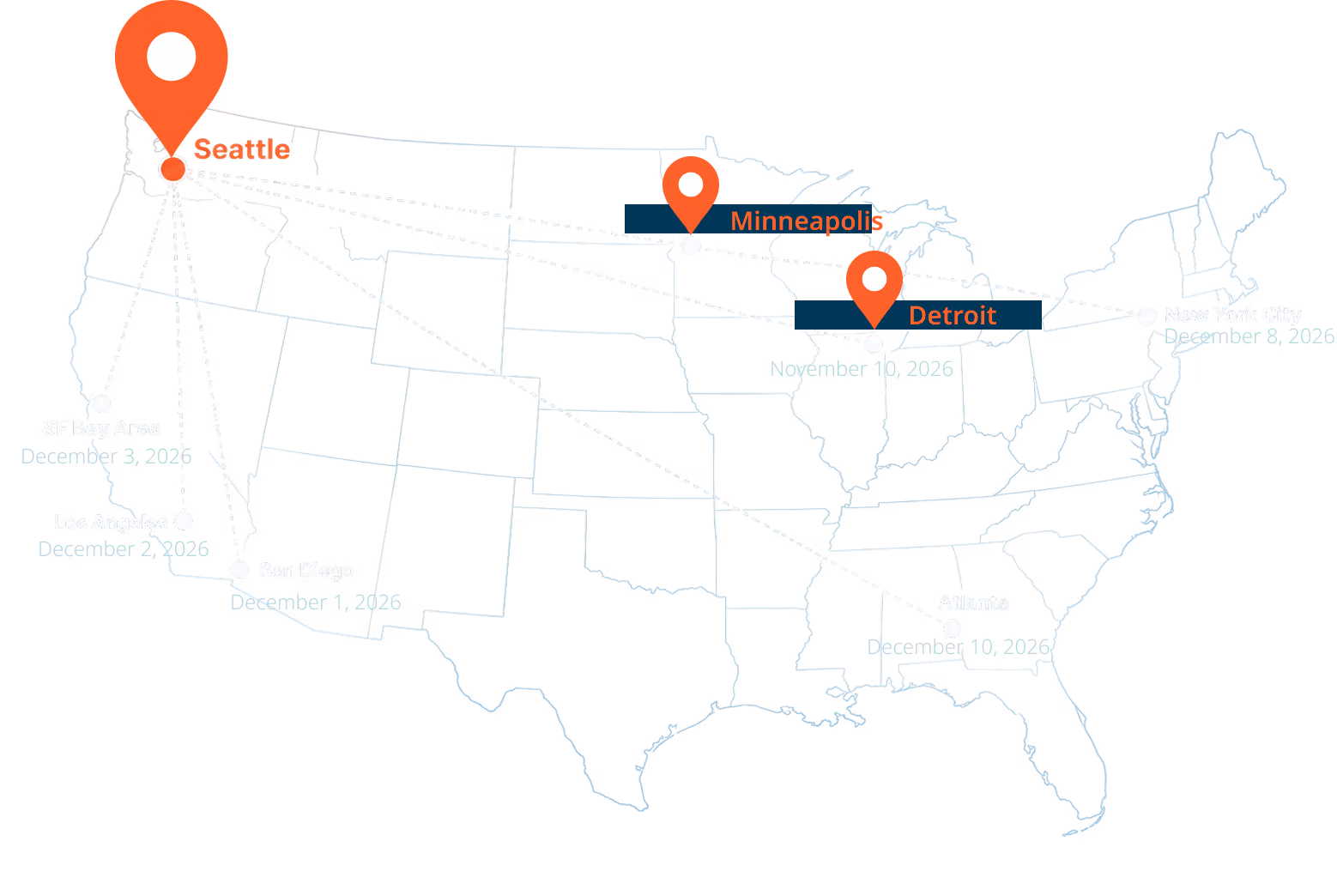 Connections Tour map of the United States