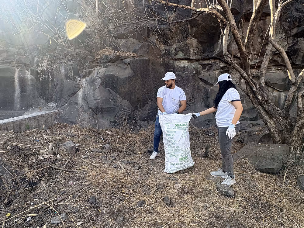 Three volunteers collecting litter in a park