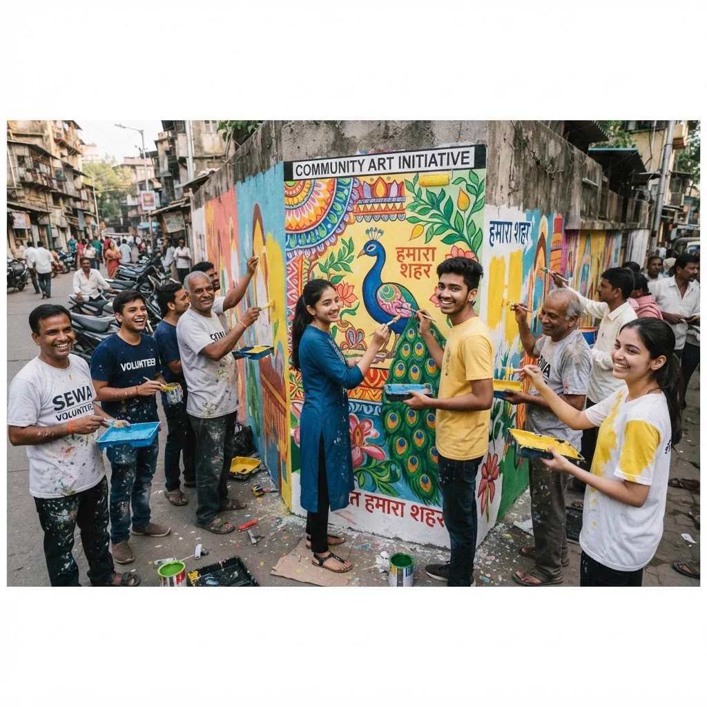 Volunteers painting a colourful mural on a wall