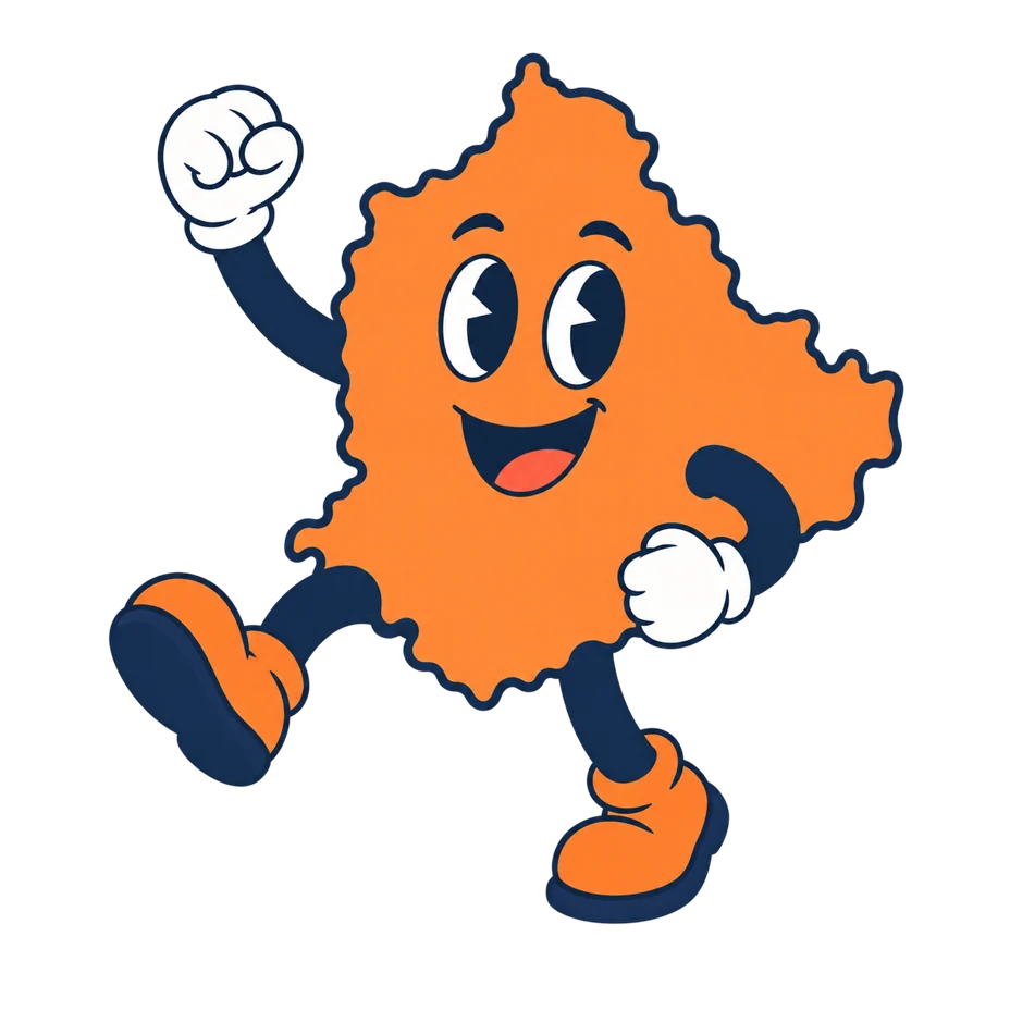 Orange Karnataka-map mascot waving as it walks