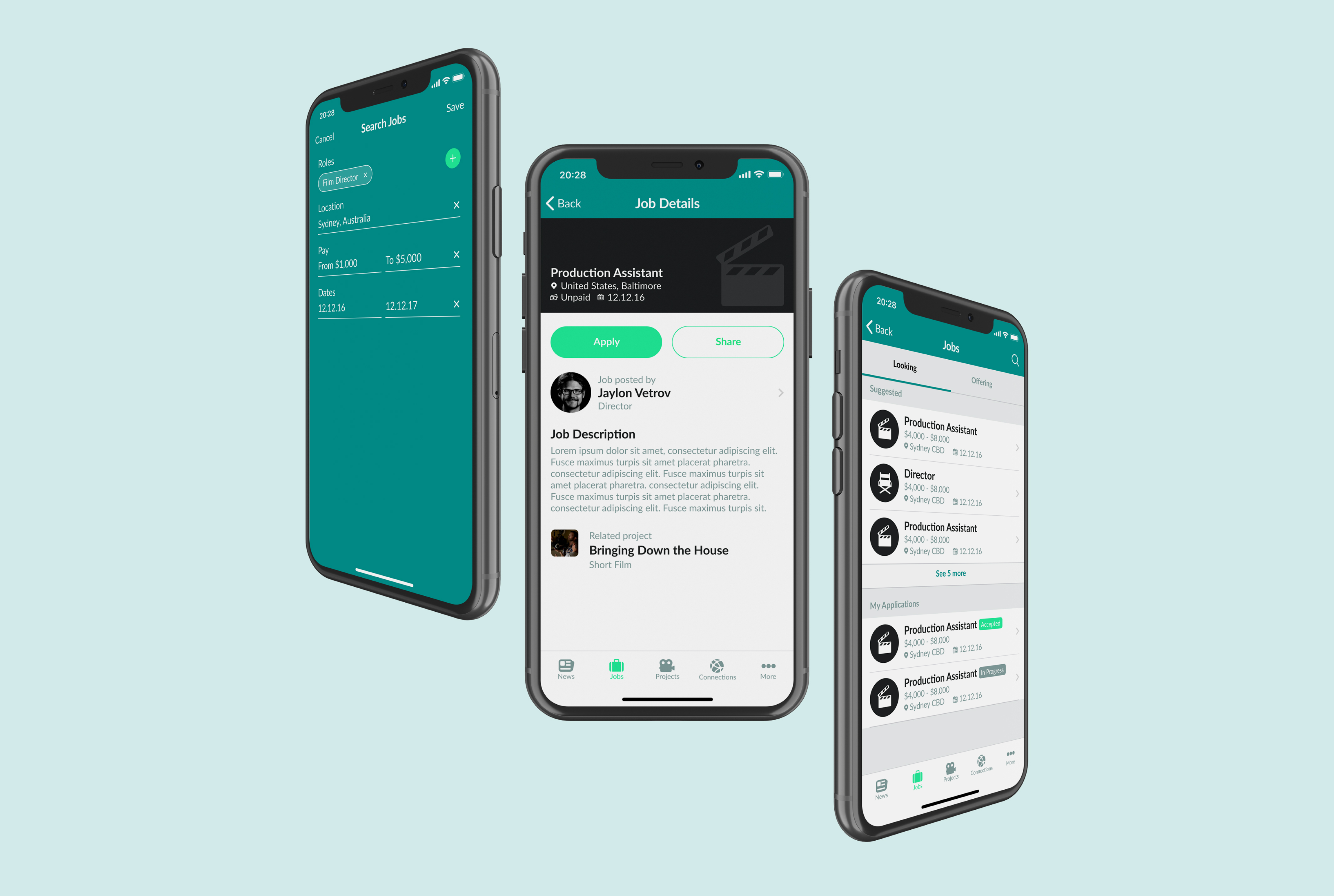 The Green Room app Jobs screen designs