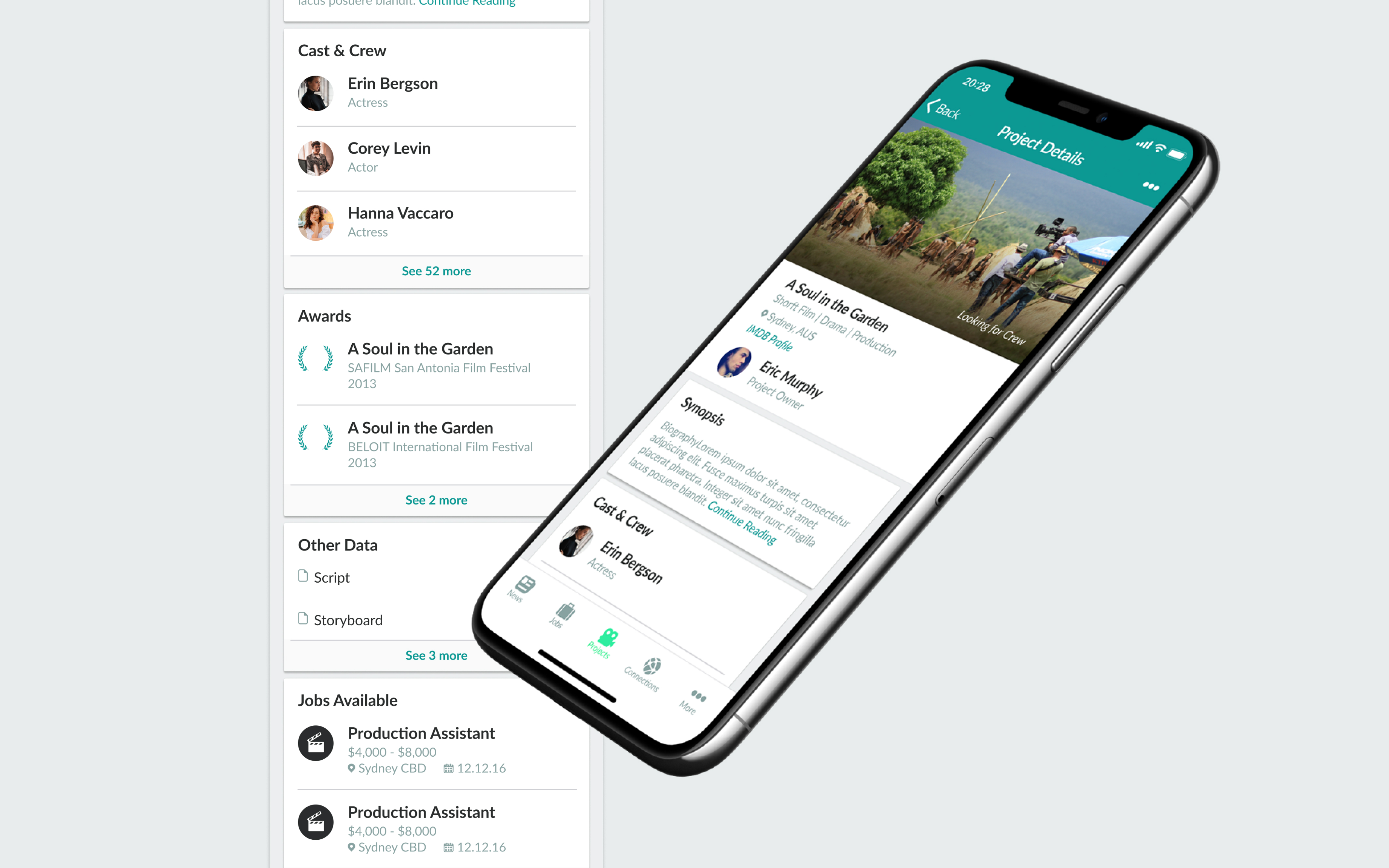The Green Room app Projects screen design