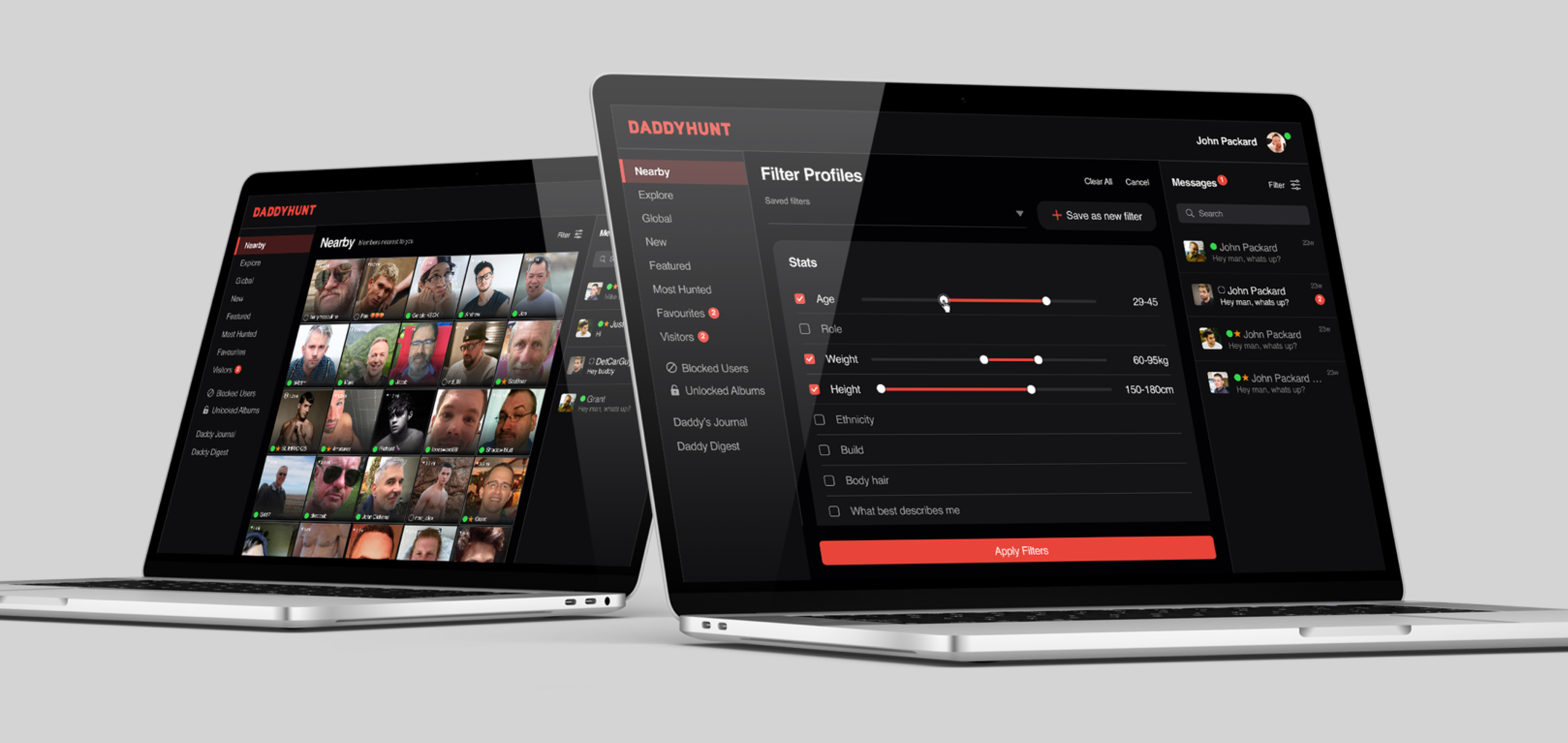 Daddyhunt web app Filters screen designs
