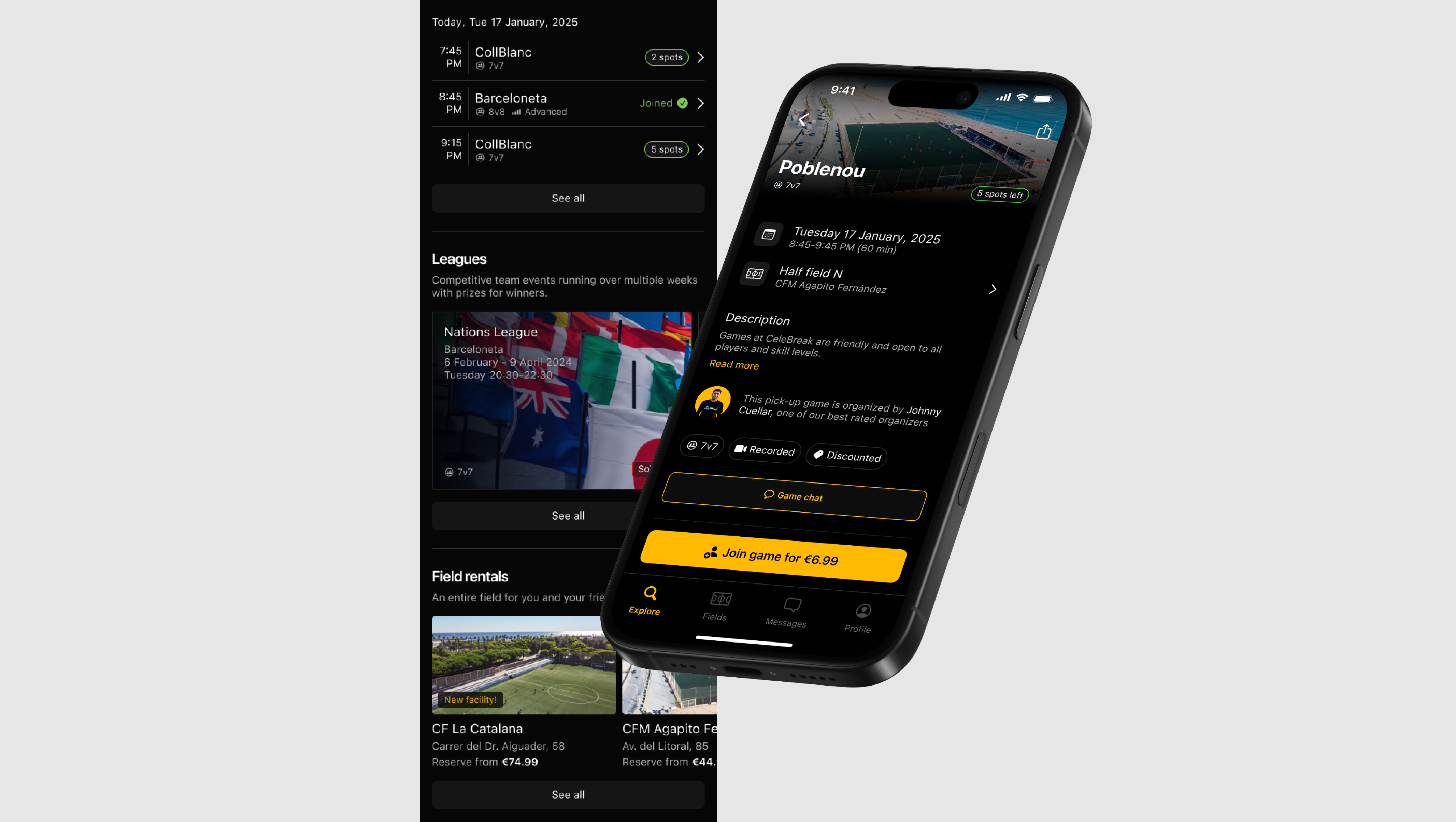 CeleBreak app pick-up game details screen design
