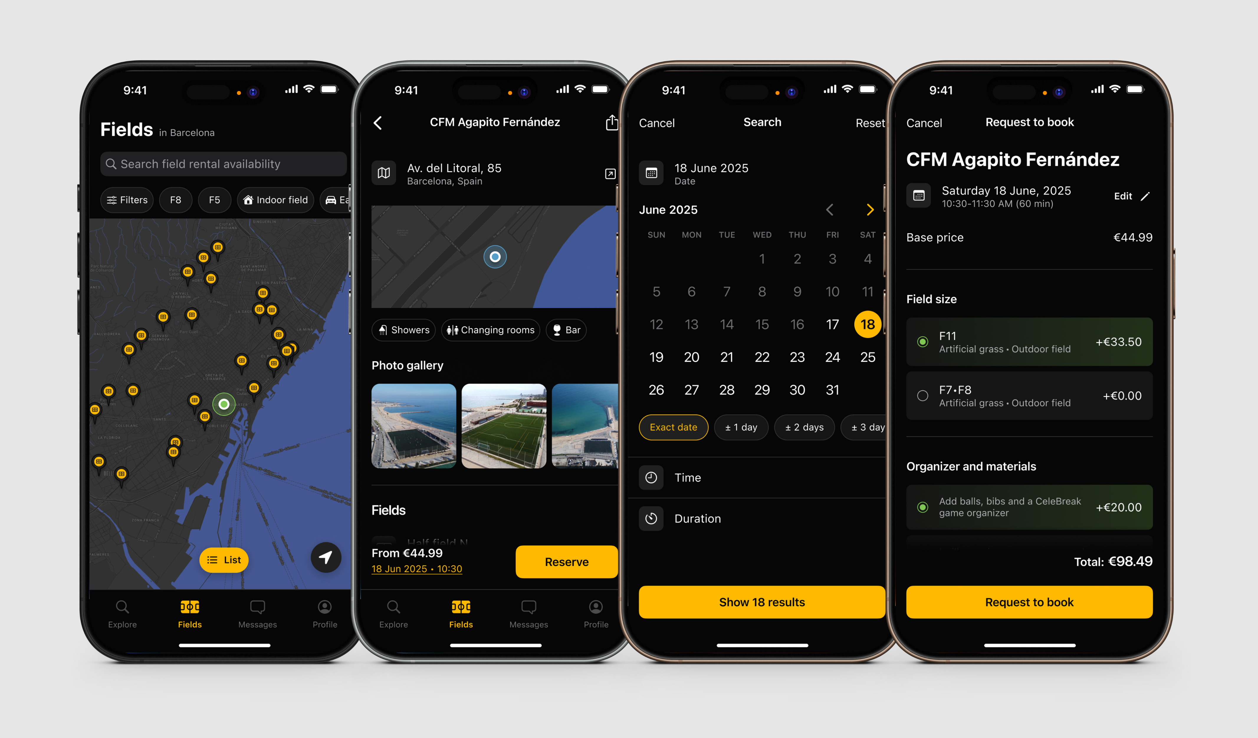 CeleBreak app field booking screen designs
