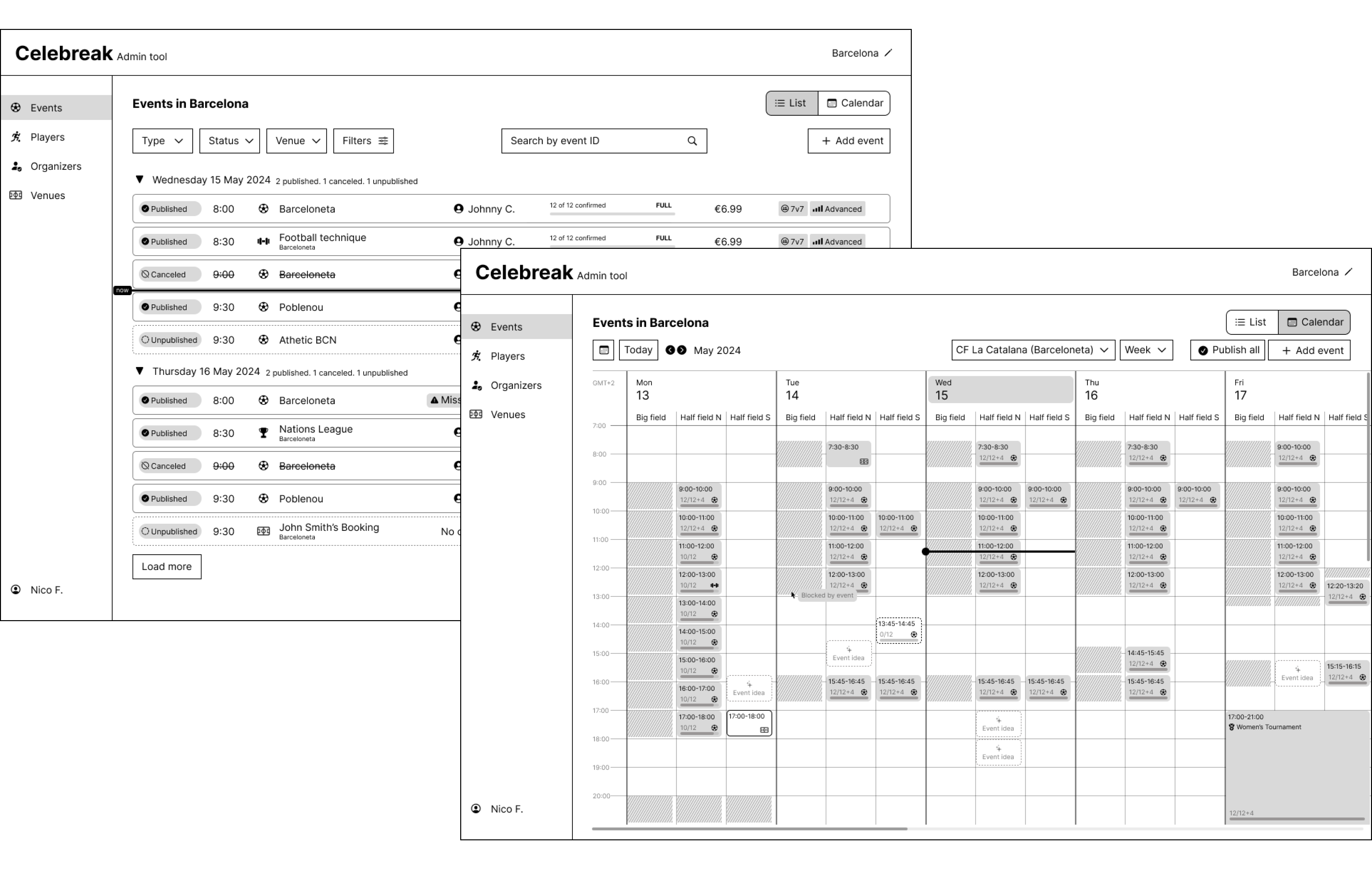 CeleBreak staff admin tool wireframes
