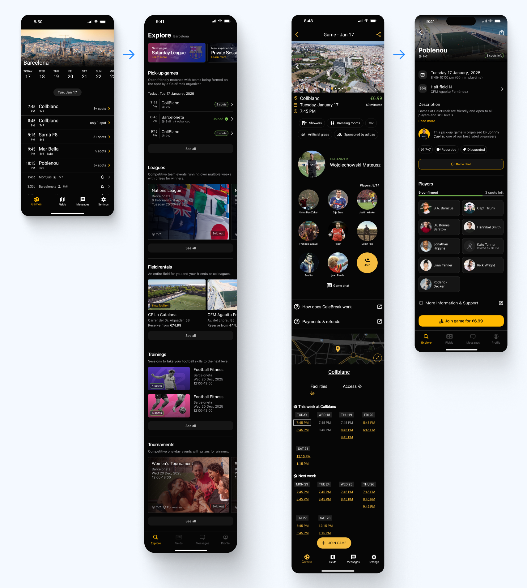 Before and after comparison of CeleBreak app home screen and game details screen