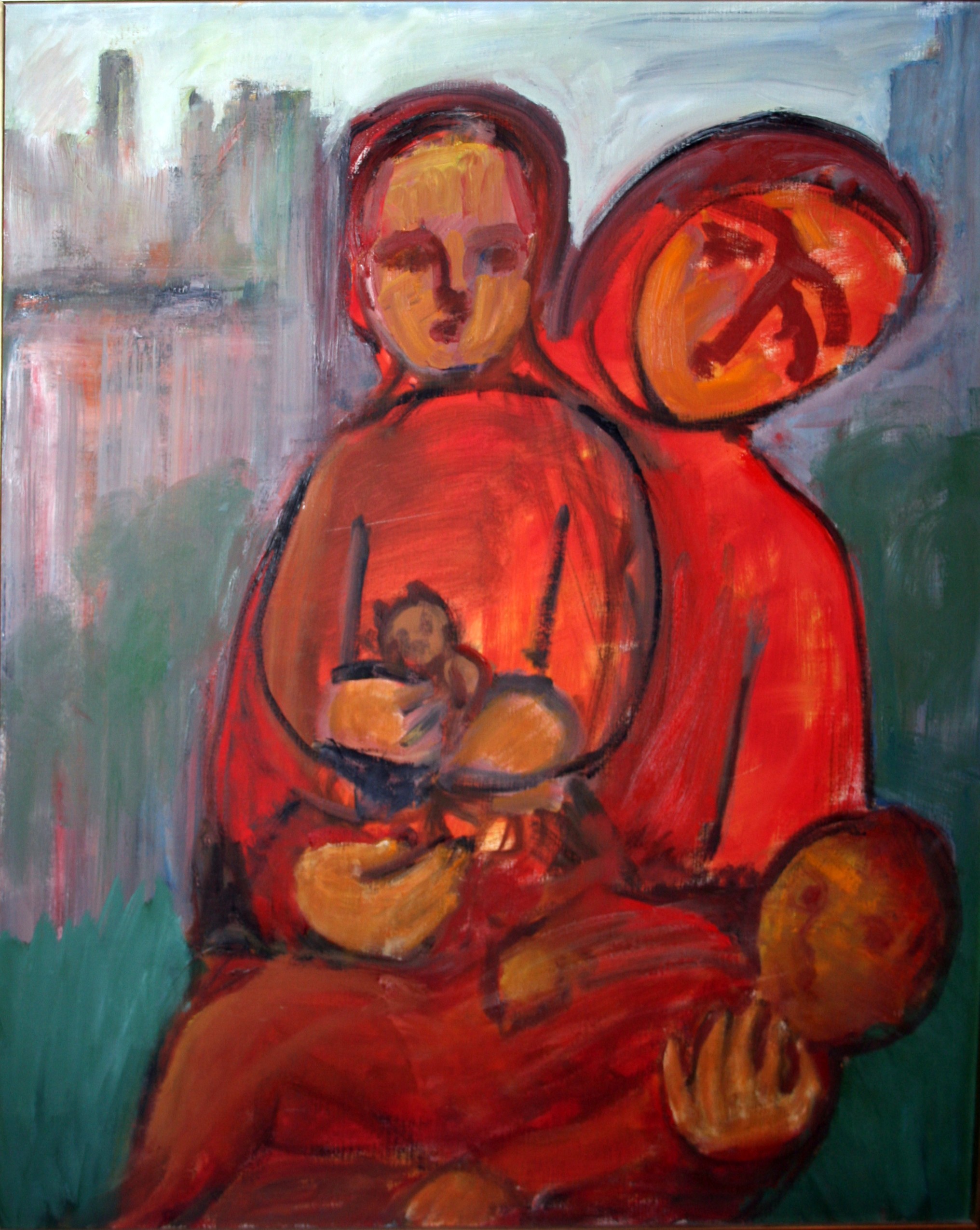 Abstract, Rode moeder met 2 kinderen