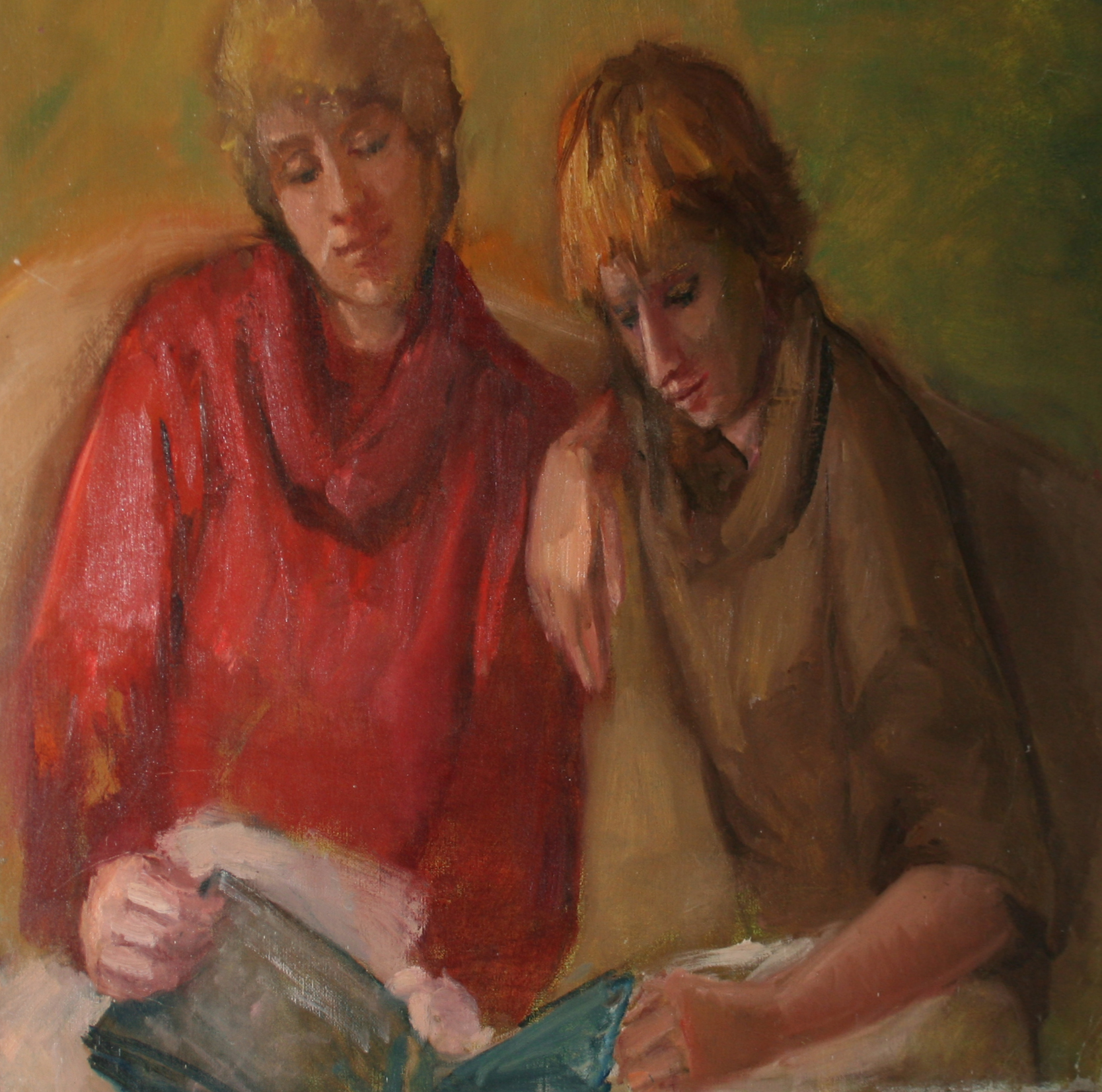 2 vrouwen met koltruien, lezend