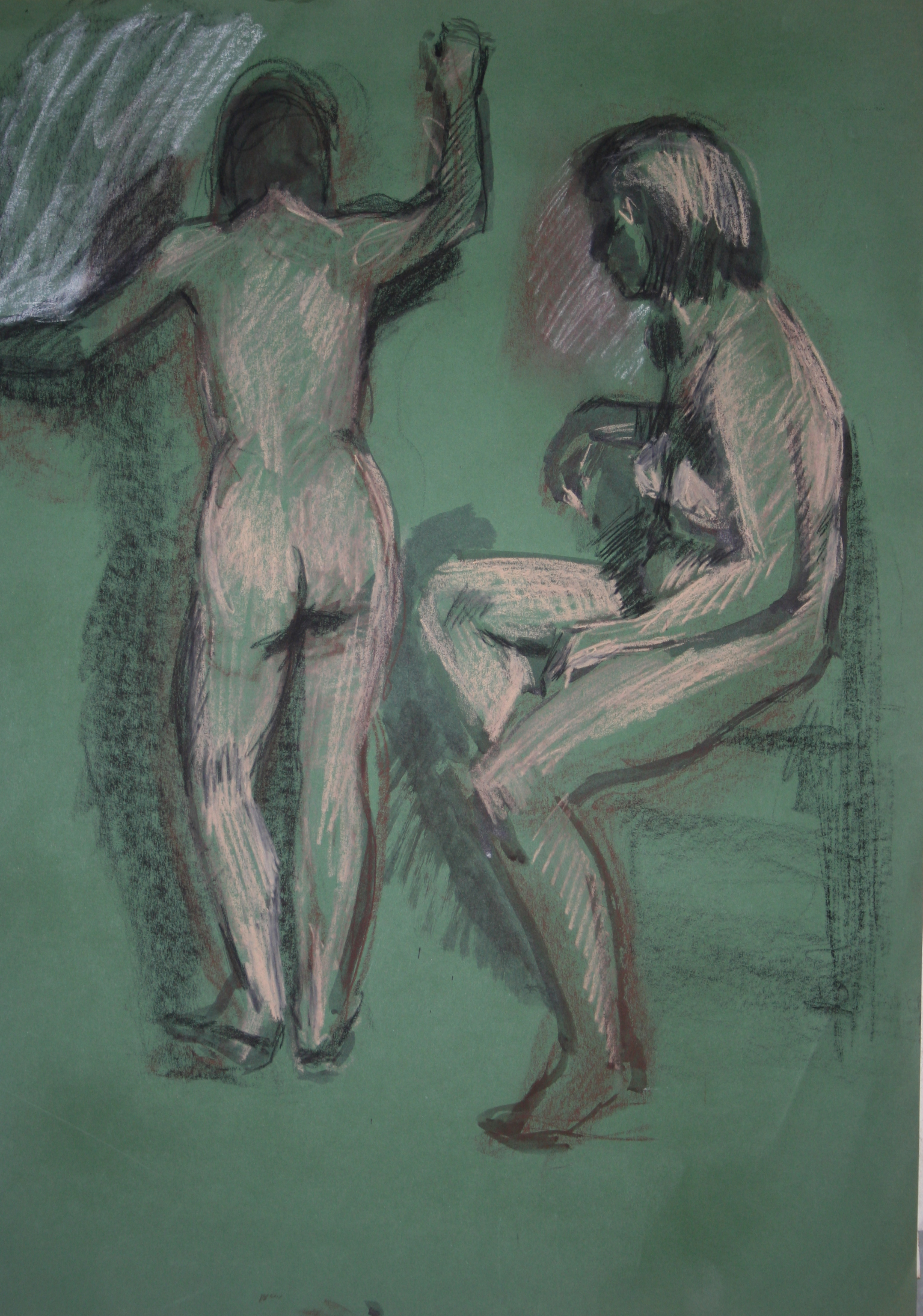 Twee naakte vrouwen op groen papier, schets
